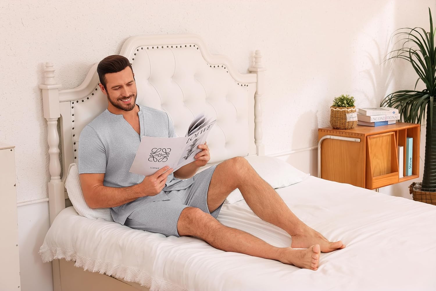 Detalle de Demegimi Men's Summer Short Pyjama Set – 2-Piece Short Sleeve Top & Pyjama Shorts