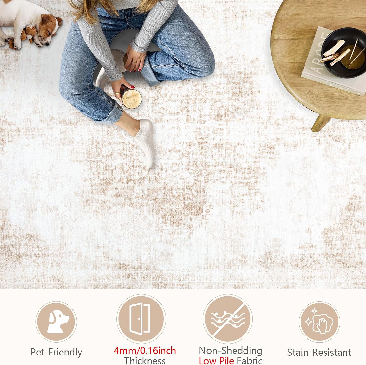 Thumbnail 5 de Vintage 8x10 Washable Area Rug (Beige) – Soft Low Pile, Non-Slip Backing
