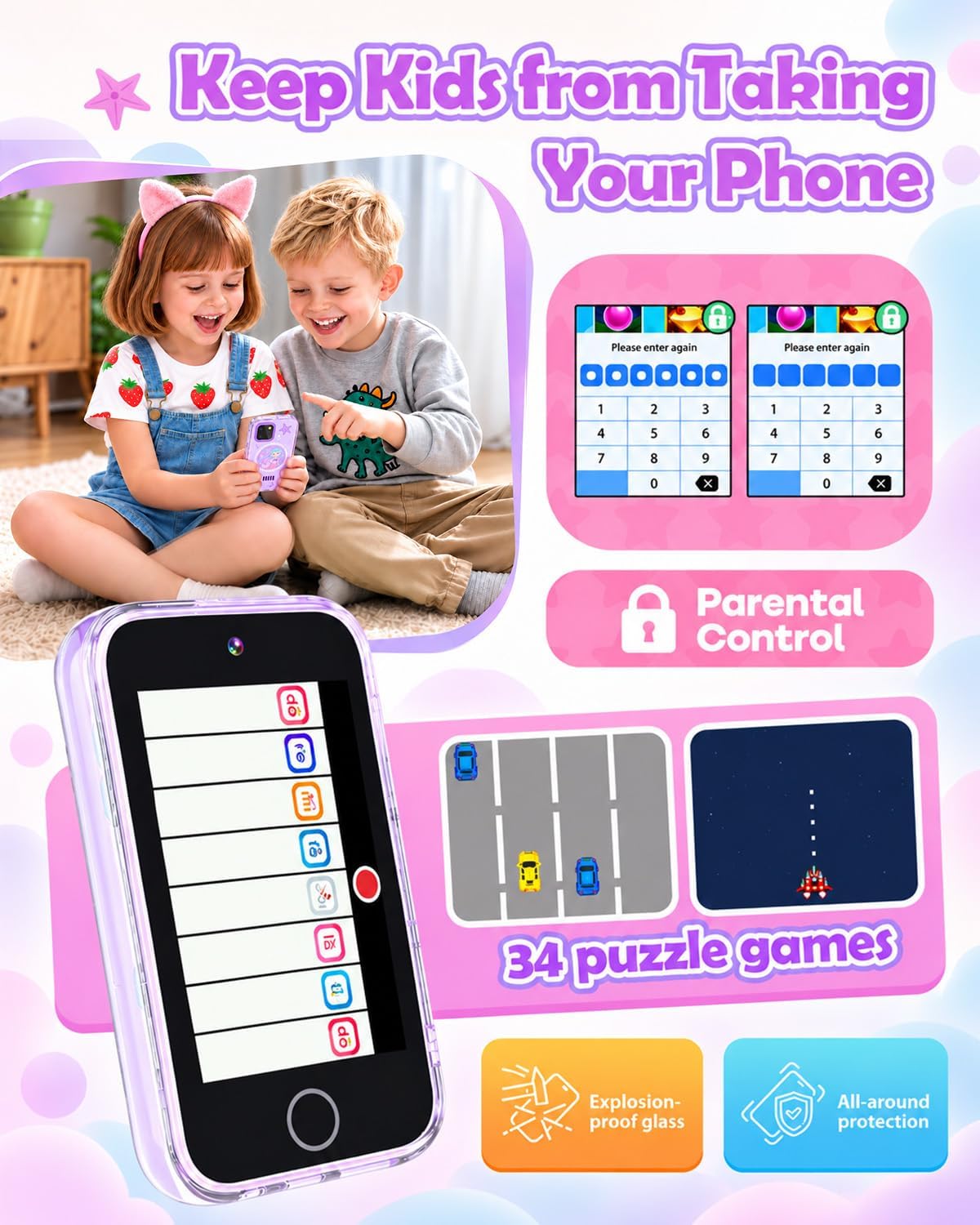 Detalle de Dylanto TP2 Kids Phone Toy, 3.5-Inch Touchscreen, Dual Cameras, Purple