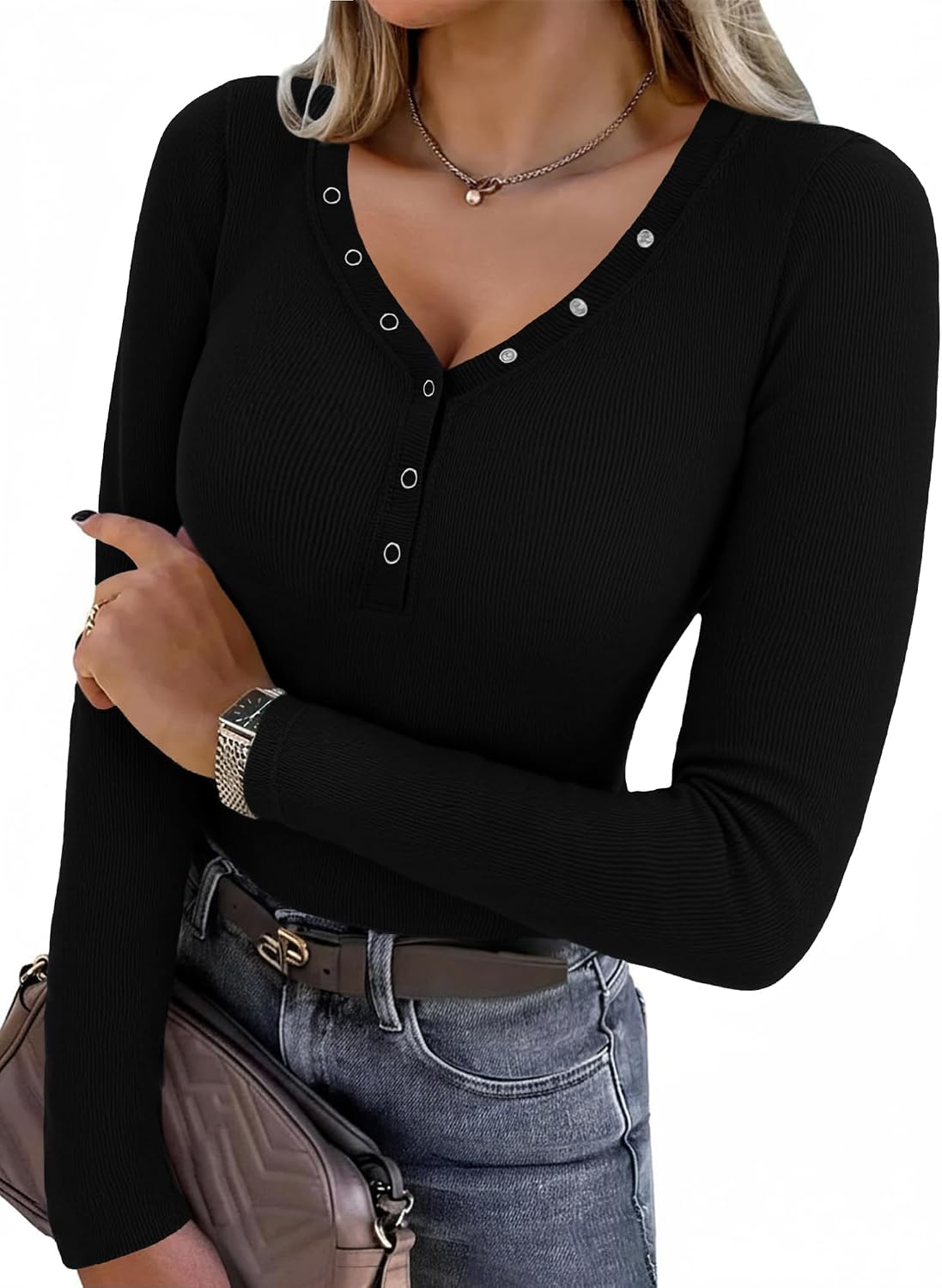 Aottori Maglia Donna Manica Lunga Scollo a V Slim Fit
