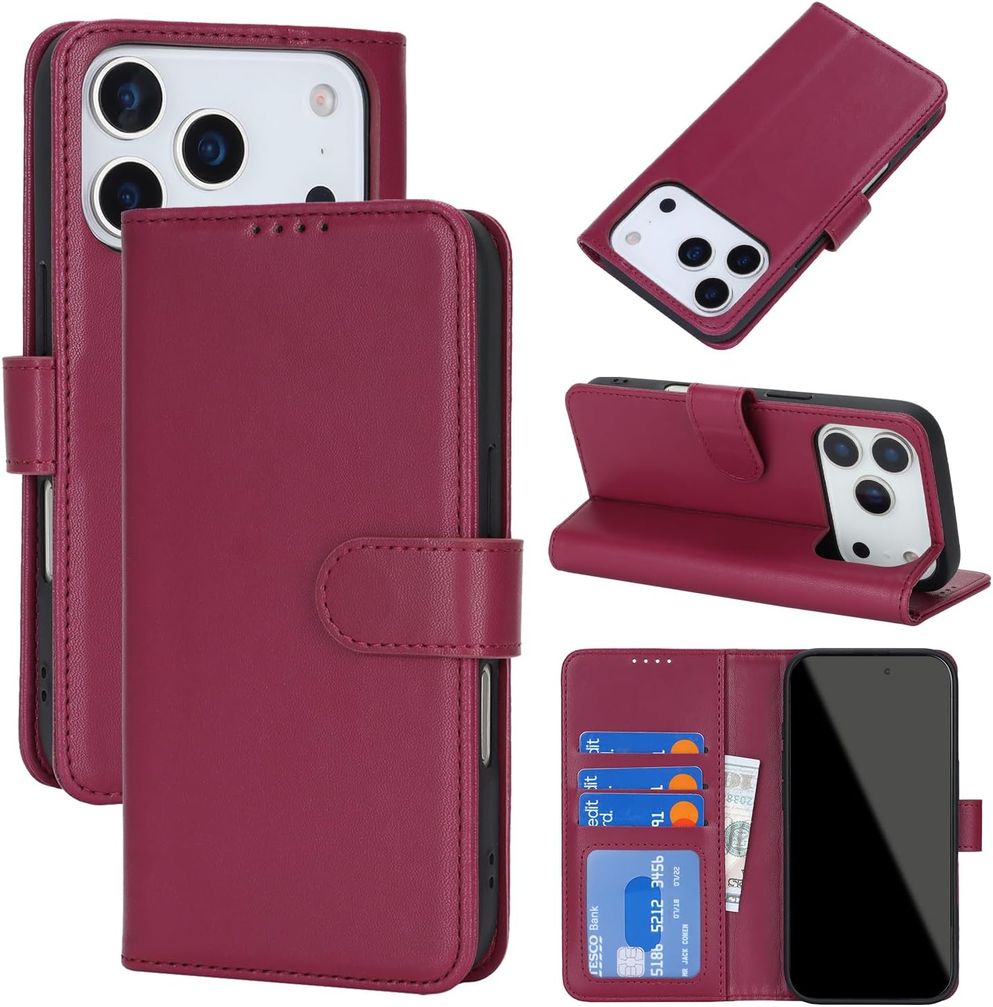 Detalle de Zouzt Case for iPhone 17 Pro Max 6.9-inch – PU leather wallet flip case with kickstand and card slots (Red)