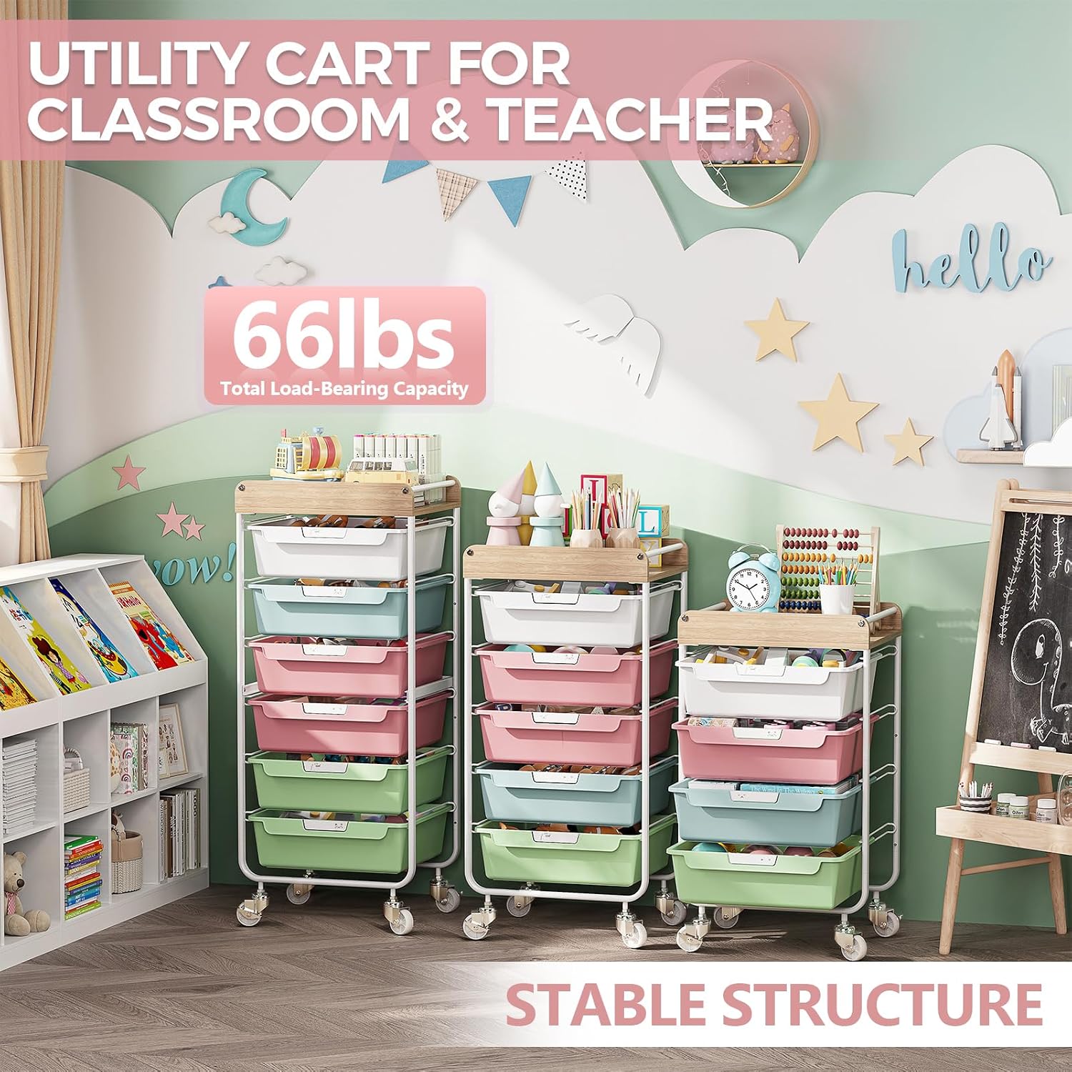 Detalle de SYKIARIOL 1431+1233+1432 Utility Cart with 5 Colorful Drawers and Wood Top