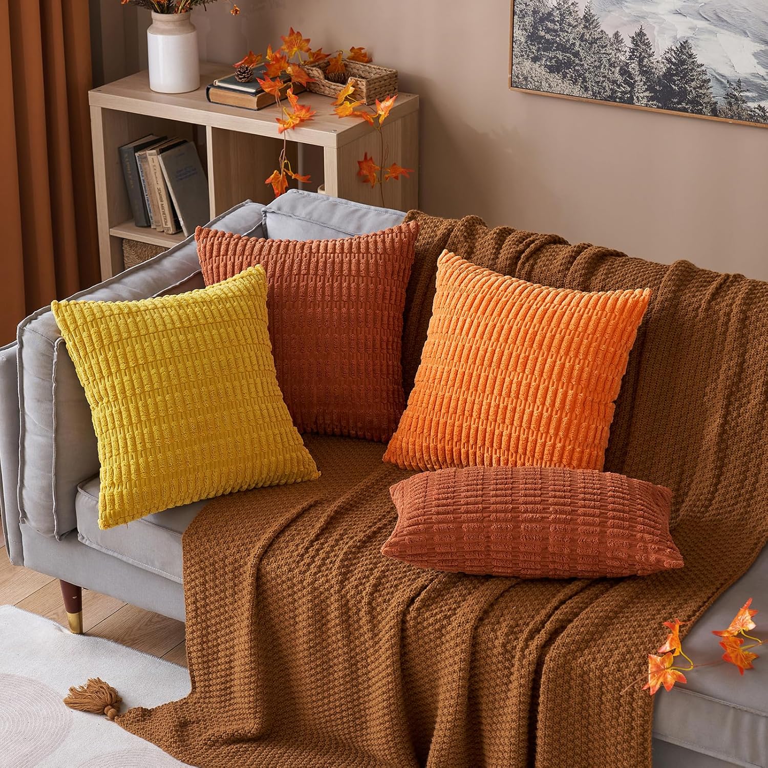 Detalle de MIULEE Corduroy Cushion Covers 40x40 cm (16x16 in) Caramel Square, Pack of 2