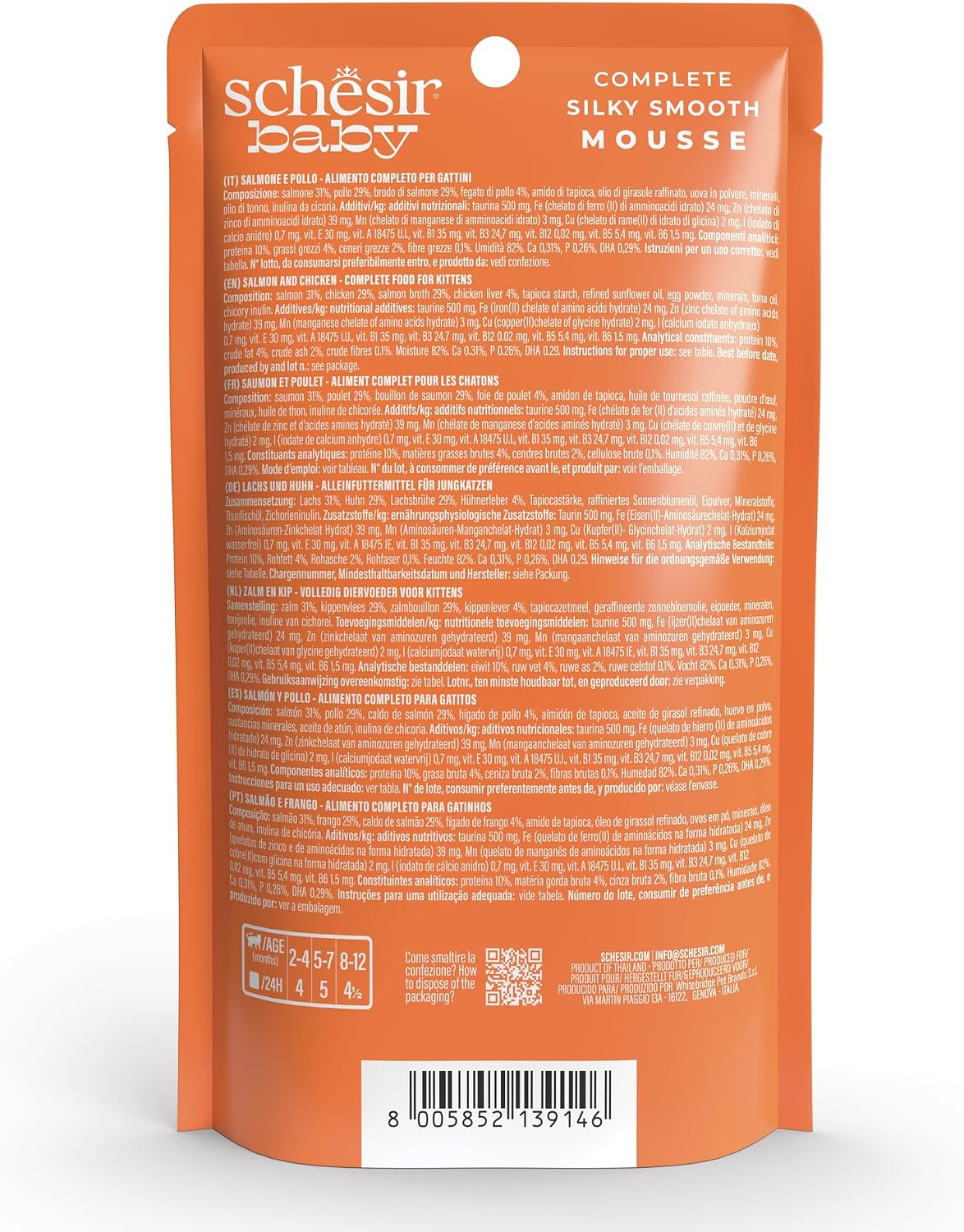 Detalle 2 de Schesir Baby Filettini di Pollo con Salmone in Mousse per Gattini – Grain Free, DHA e Taurina, 12x70 g