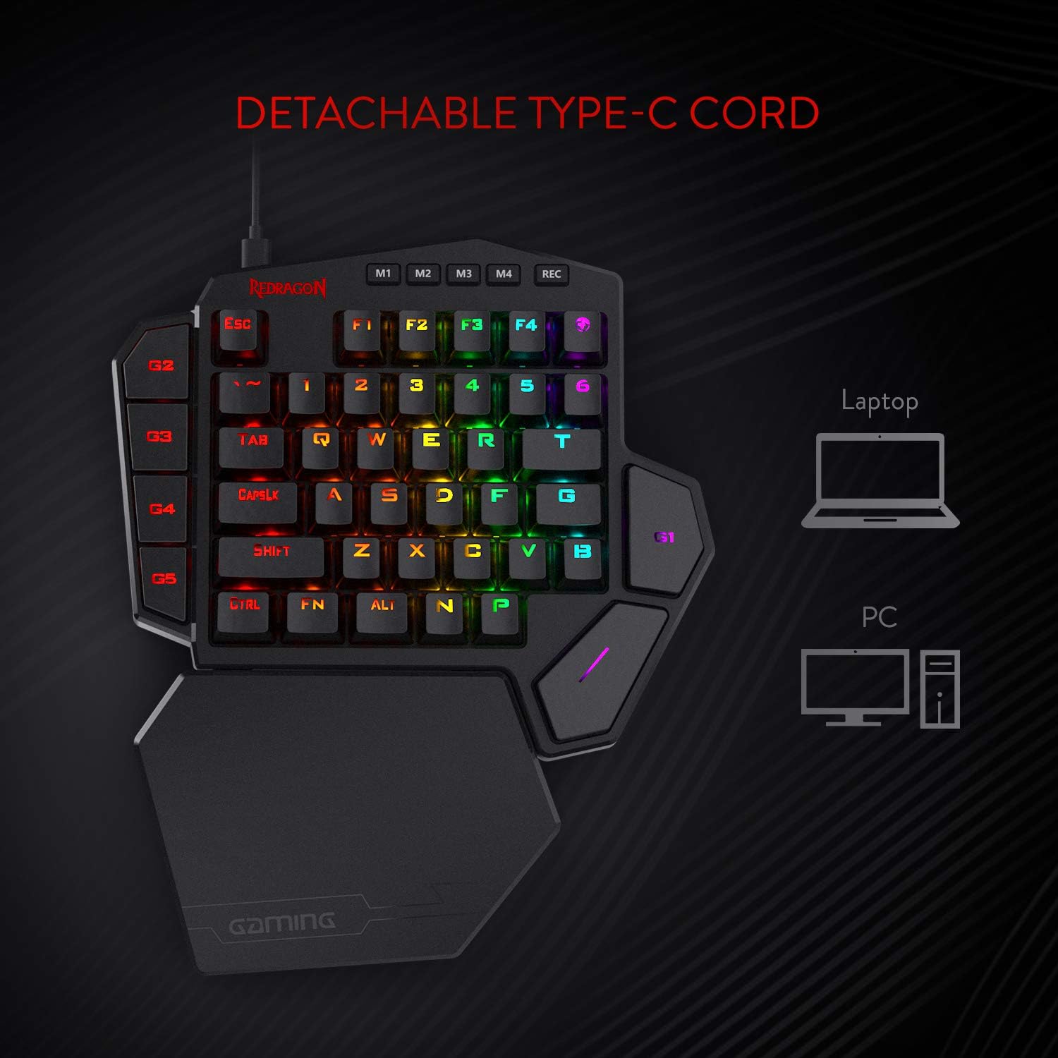 Thumbnail 6 de Redragon K585 DITI Einhand RGB Mechanische Gaming-Tastatur (Braune Schalter, abnehmbare Handballenauflage, 42 Tasten)