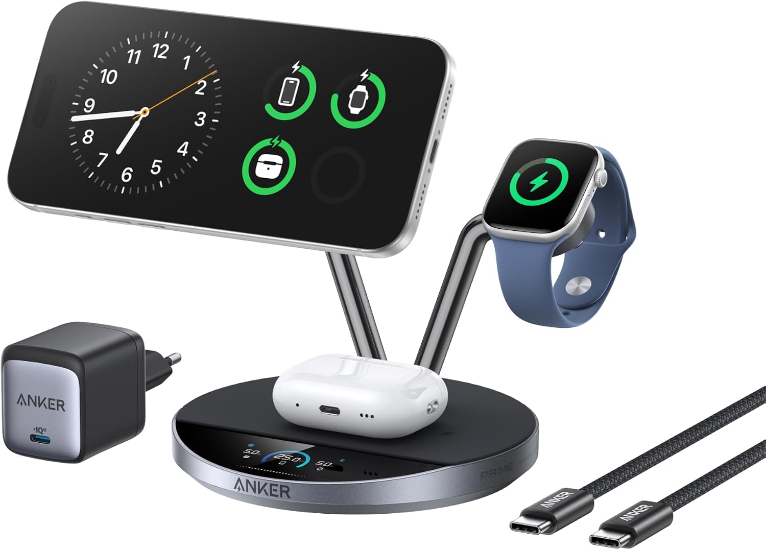 Detalle de Anker Prime 3‑in‑1 MagSafe-Ladegerät mit TEC-Kühlung, Display und Qi2 25W