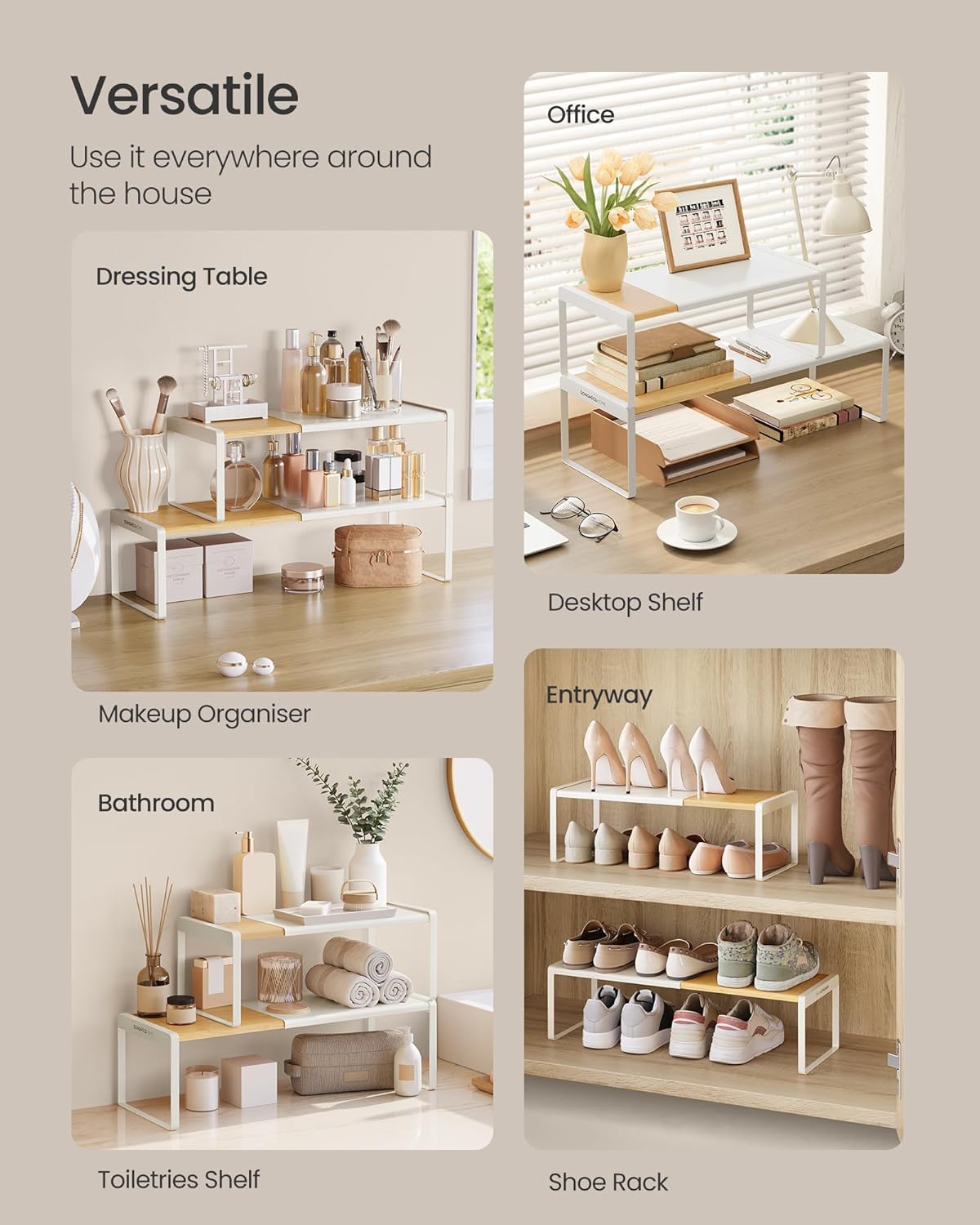 Detalle de SONGMICS HOME Spice Racks Set of 2: Extendable Bamboo & Steel Shelves for Kitchen and Beyond