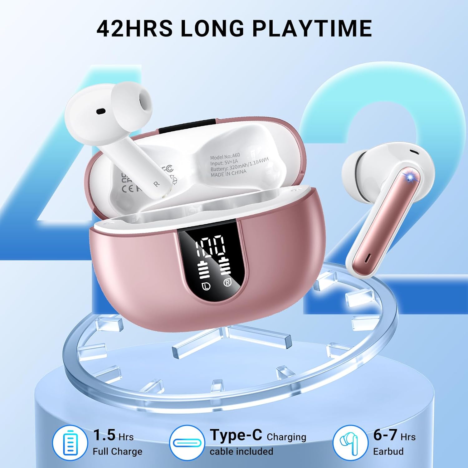 Thumbnail 4 de Aovoce A60PRO Bluetooth 5.3 in-ear wireless earbuds with LED display, 4-mic ENC calls and IPX6