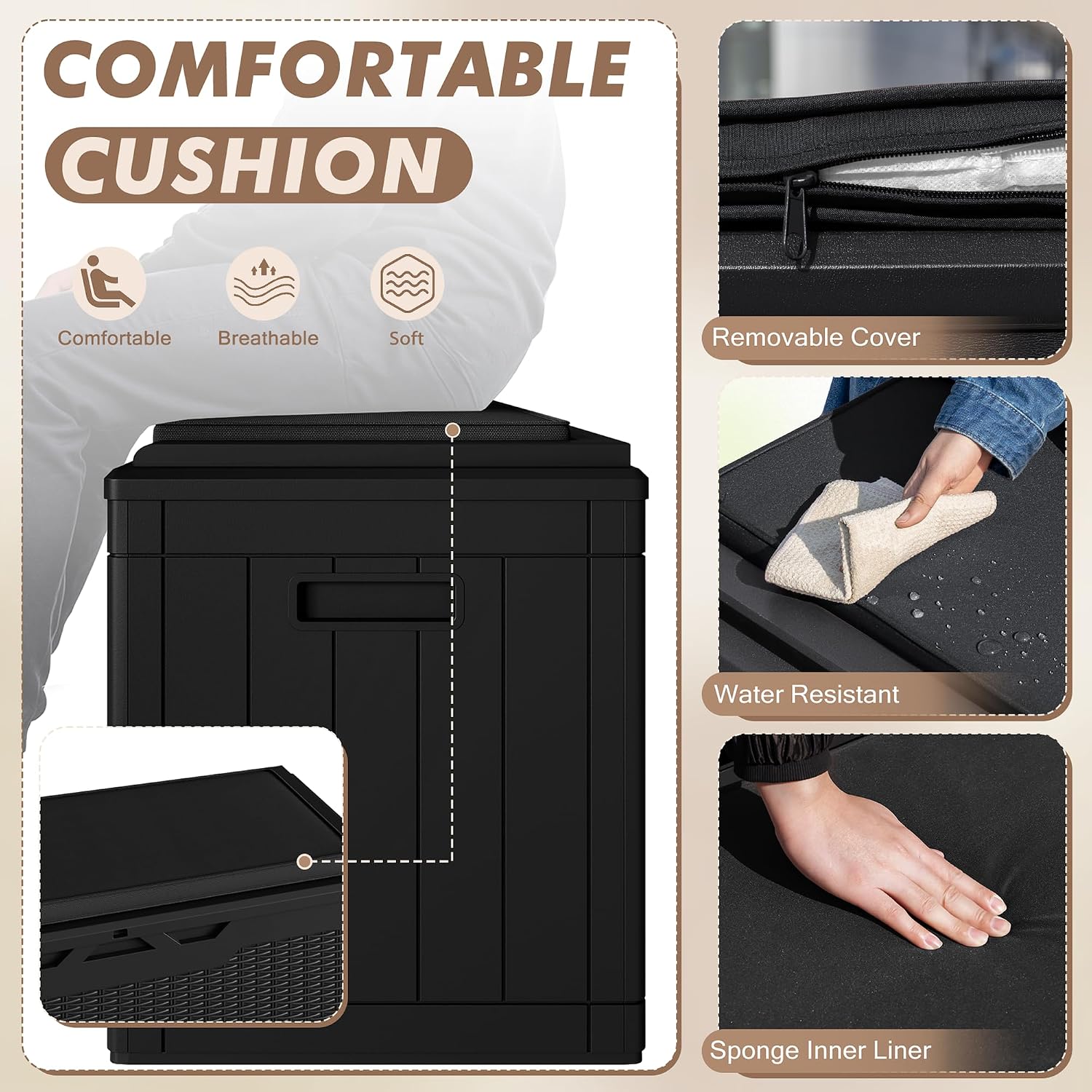 Detalle de Devoko Model 1 100-Gallon Resin Deck Box with Cushion, Waterproof and Lockable
