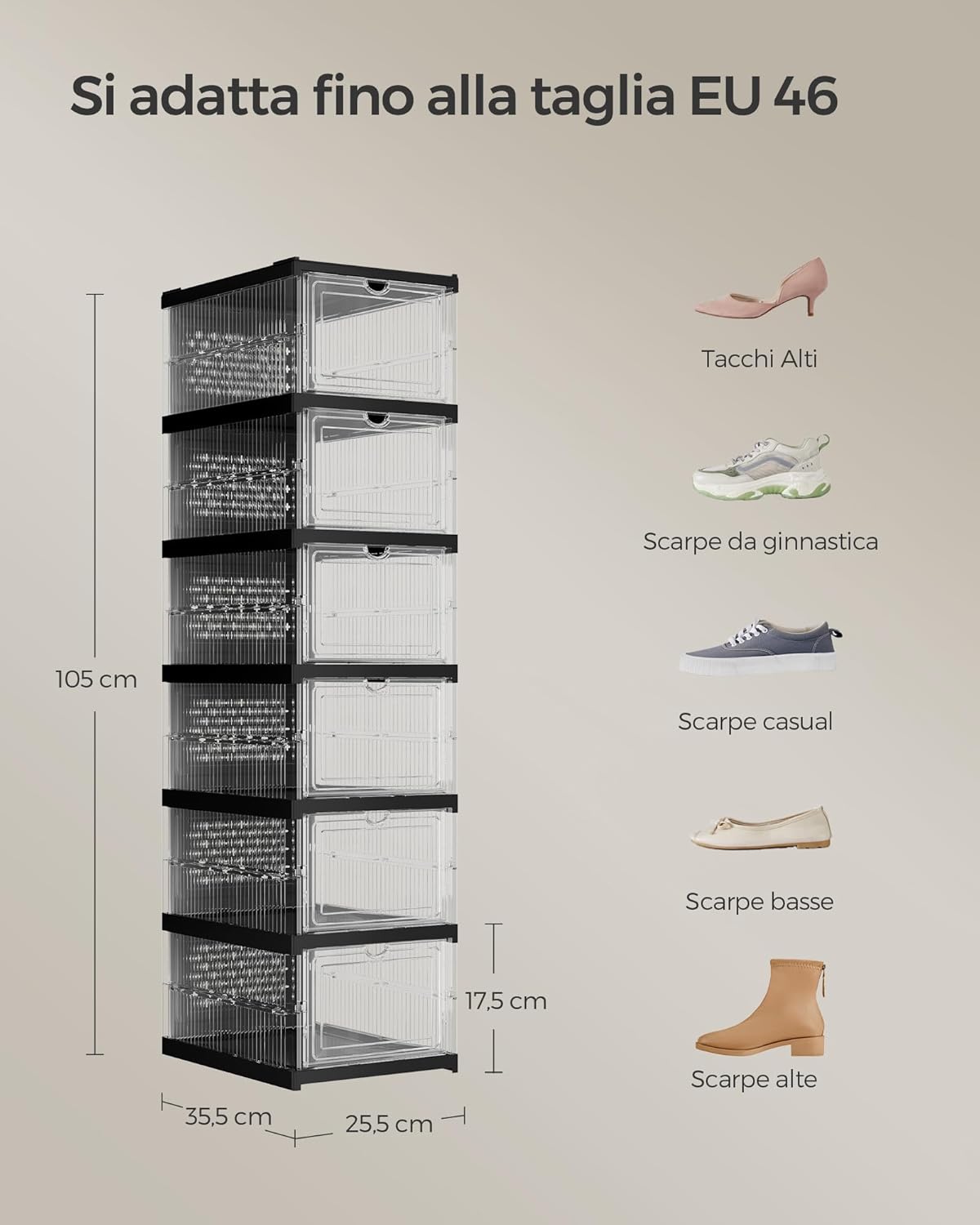 Detalle de SONGMICS LSP205B01: set di 6 scatole porta scarpe impilabili, pieghevoli e componibili fino alla taglia 46