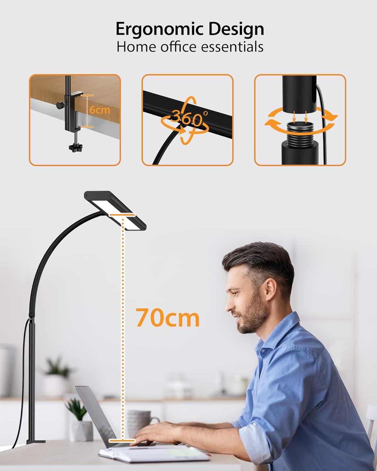 Detalle de iFalarila 160 LED lámpara de escritorio con pinza y mando a distancia (70 cm, cuello flexible 360°)