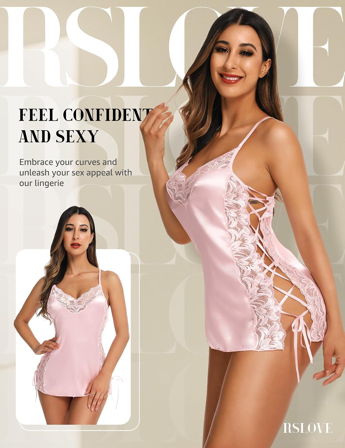 Detalle 2 de RSLOVE babydoll voor vrouwen van satijn, sensuele lingerie