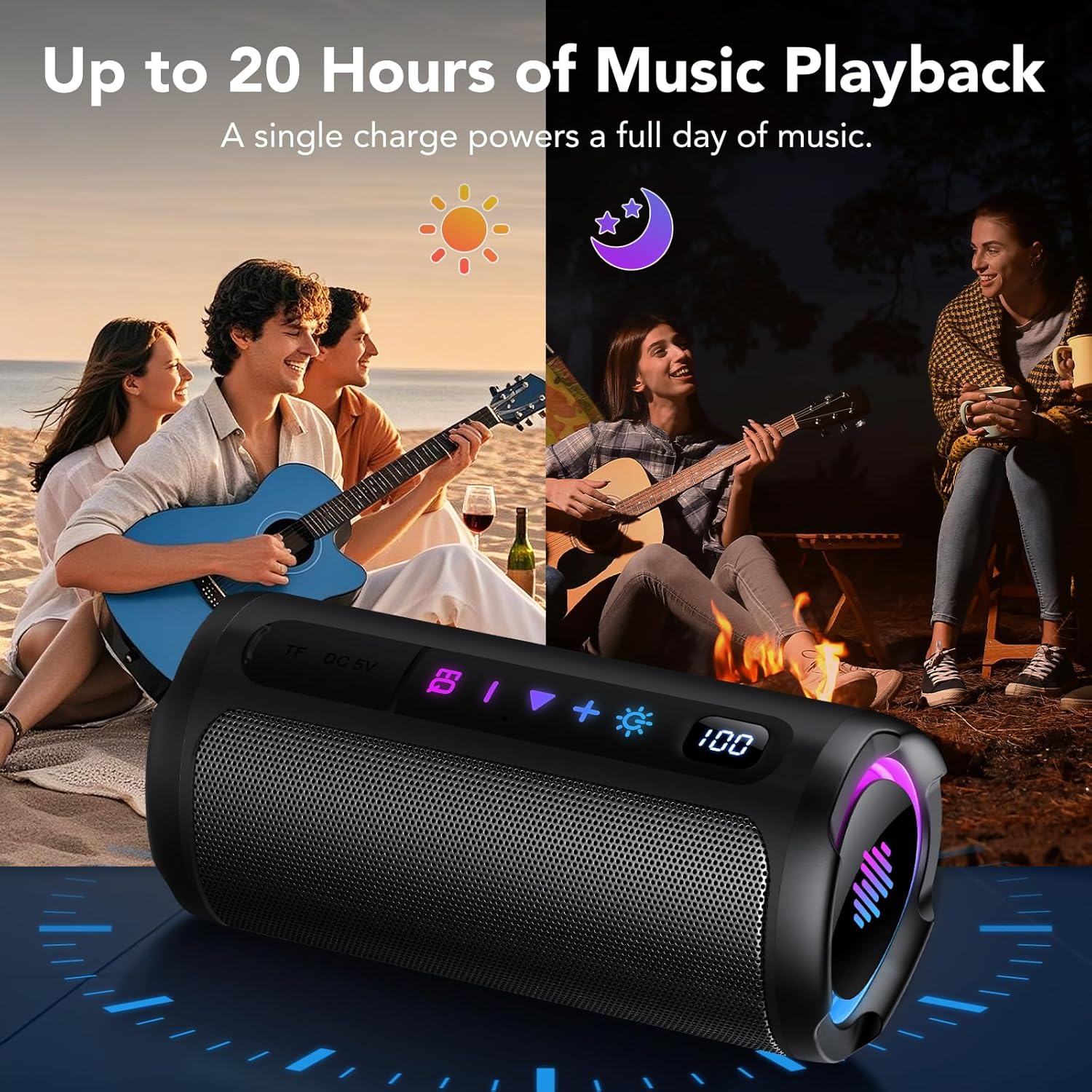 Detalle de Enceinte Bluetooth portable aowoka avec LED, écran numérique et basses améliorées (IPX7)