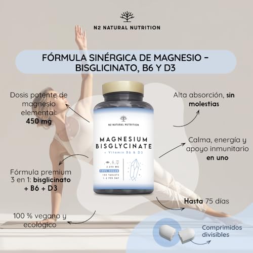 Detalle de Magnesio Bisglicinato 2250 mg de N2 Natural Nutrition, 450 mg de Magnesio Elemental + B6 + D3 – 150 comprimidos