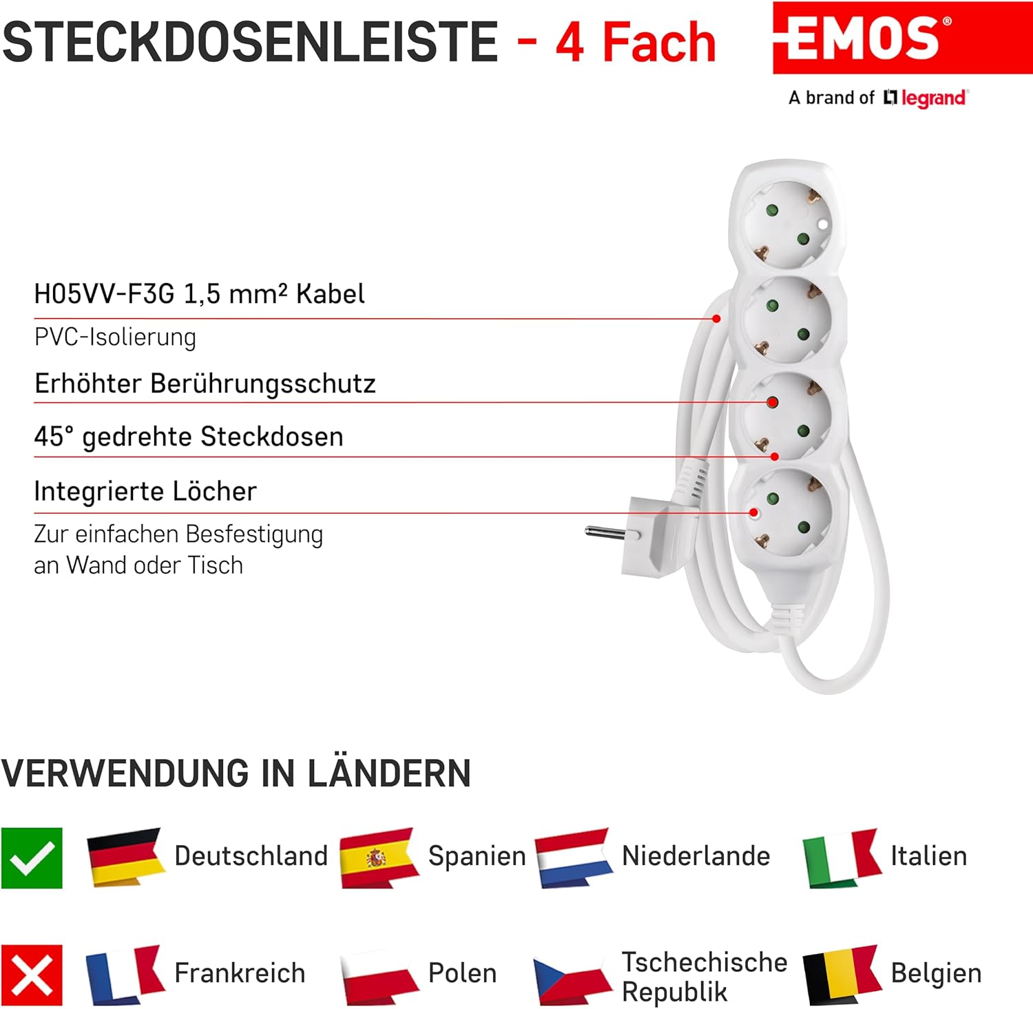 Thumbnail 2 de EMOS 4-fach Steckdosenleiste 5 m (4 Schuko, 45° gedreht) – 250 V/16 A, 3.680 W, weiß