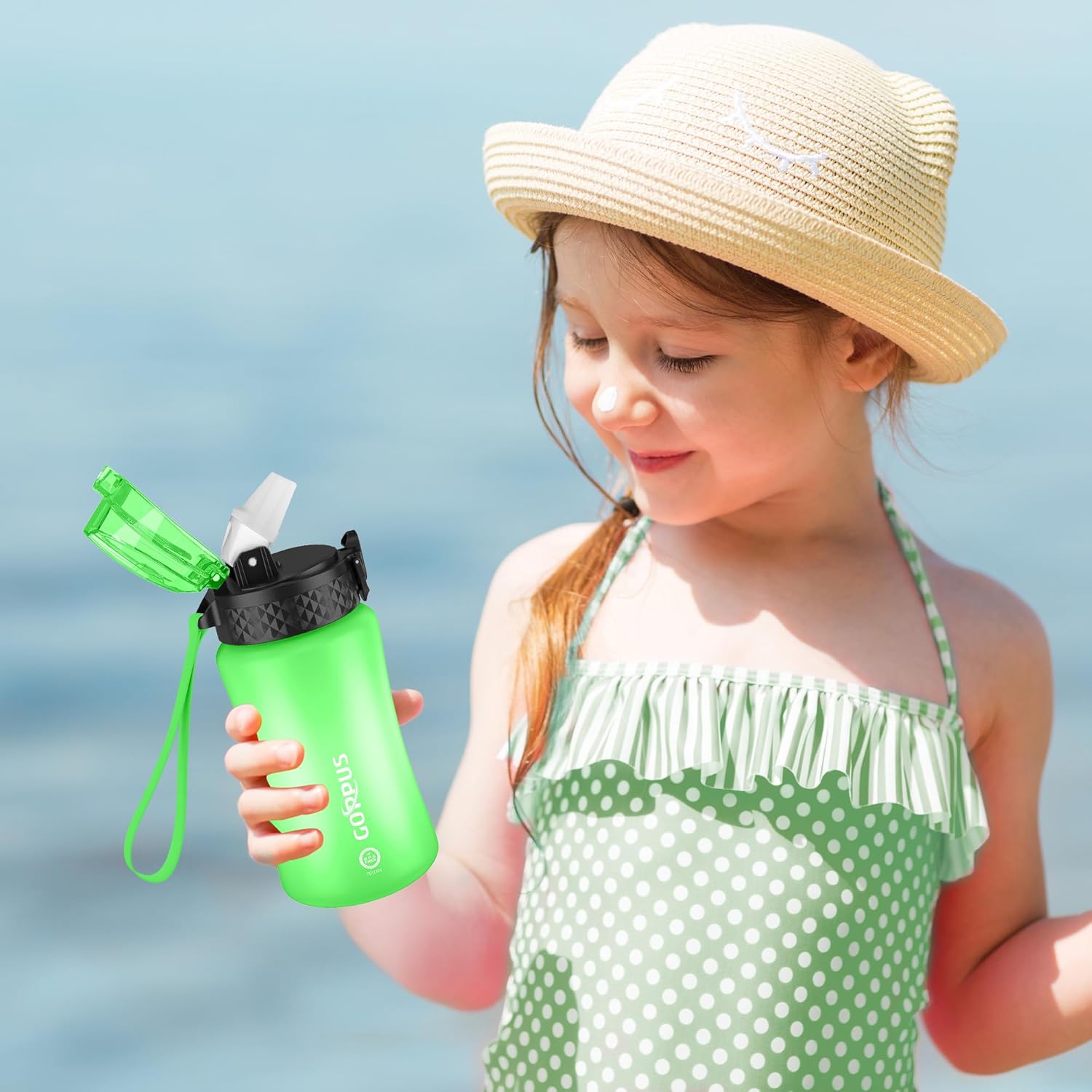 Thumbnail 5 de GOPPUS 350ml/12oz kids water bottle with straw, flip-top lid and strap (leakproof, BPA-free, grass green)