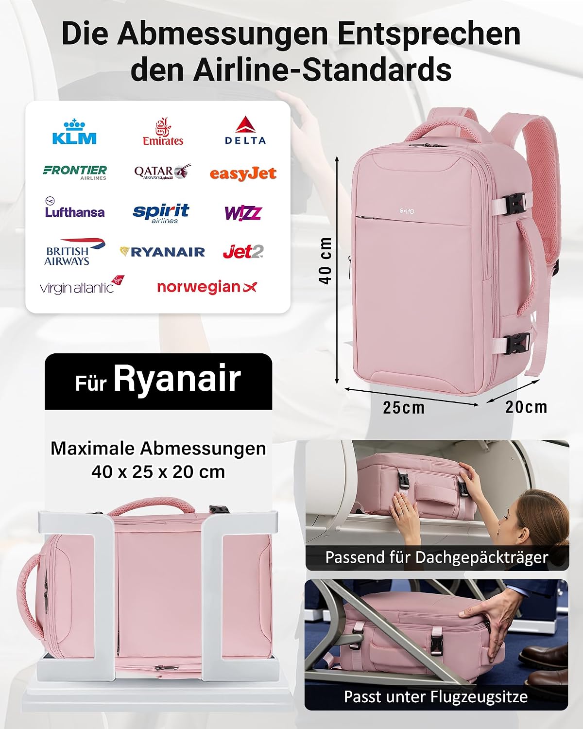 Detalle 2 de COOLIFE Ryanair Handgepäck 40x30x20 Rosa 24L