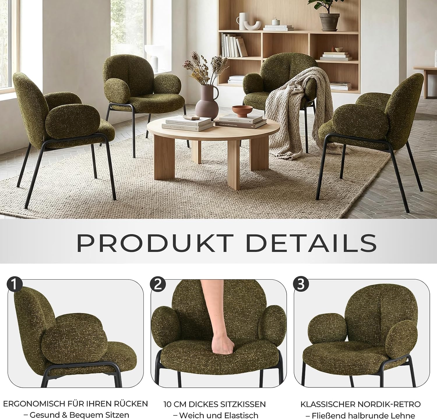 Thumbnail 4 de Goeurvant Lot de 4 Chaises de Salle à Manger Vert avec accoudoirs – Dossier ergonomique, assise en mousse mémoire et pieds réglables