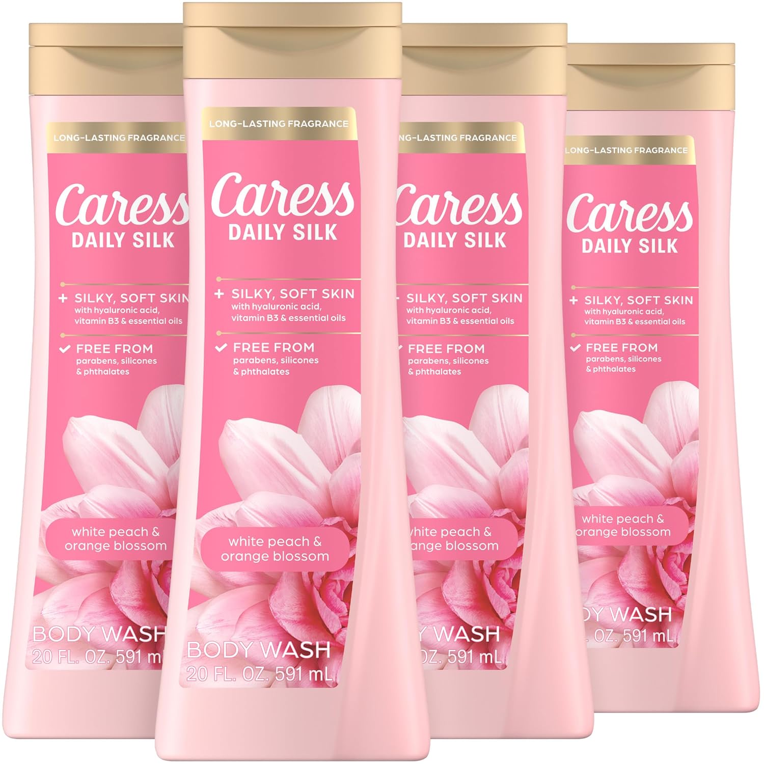 Detalle de Caress Daily Silk Body Wash, White Peach & Orange Blossom, 20 fl oz, 4 Pack