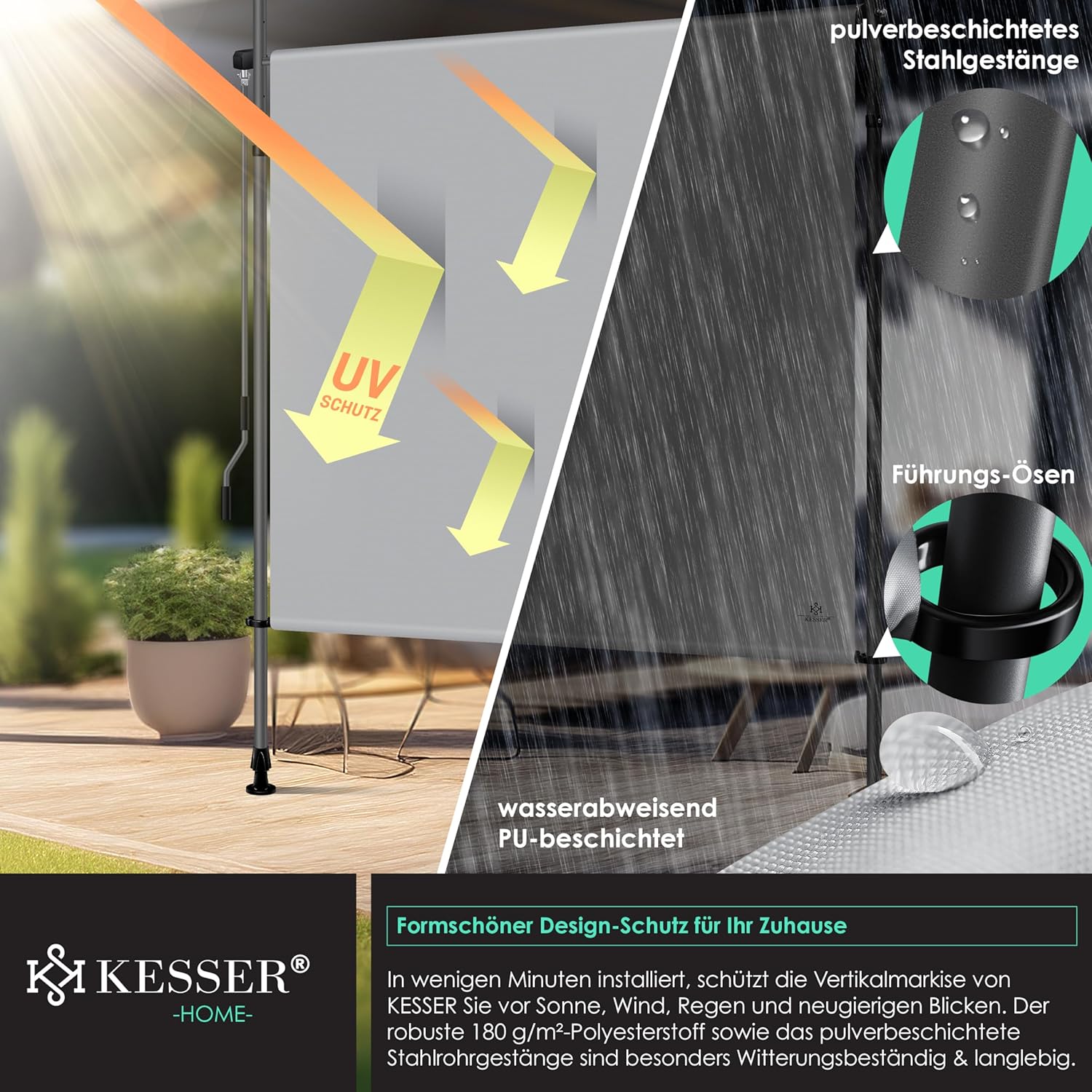 Thumbnail 2 de KESSER Klemmmarkise 120x310 cm – wetterfester Sichtschutz für Balkon und Garten (Grau)