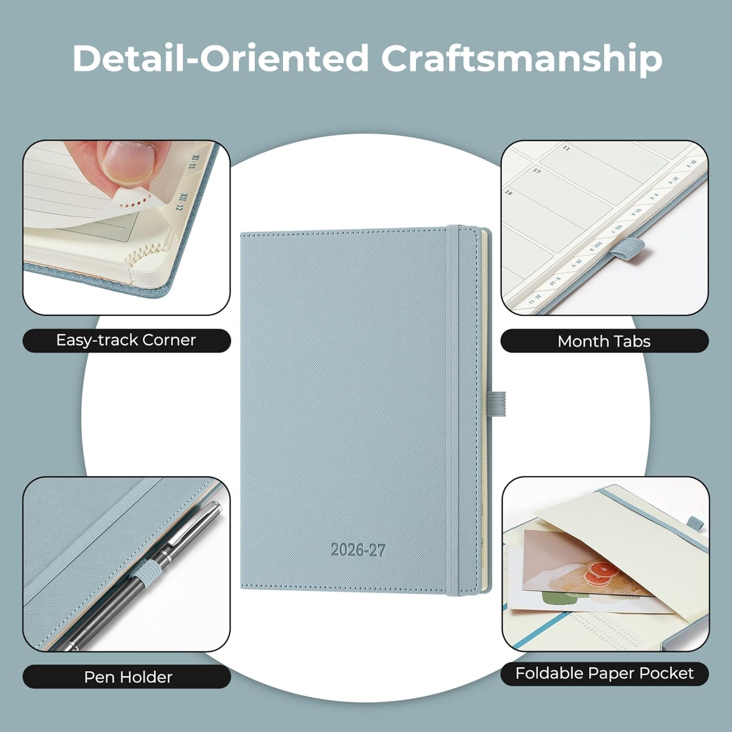 Detalle de IN-LUXPRO Academic Diary 2026-2027 (A5 Week to View, 18 Months) in Dusty Blue PU Leather