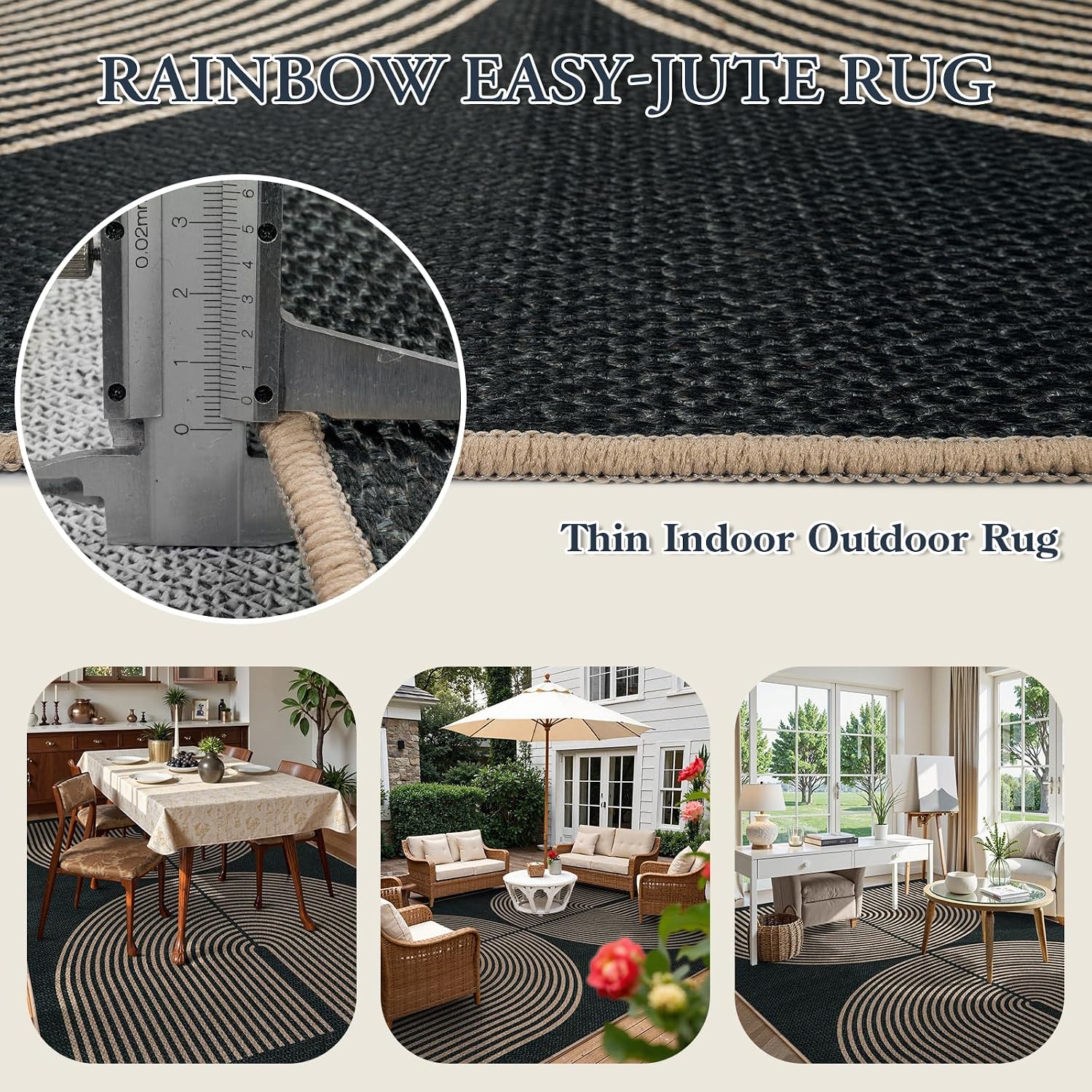 Detalle de Lahome Enfys Rainbow Easy Jute Outdoor Carpet (9x12) - Washable, Charcoal Black