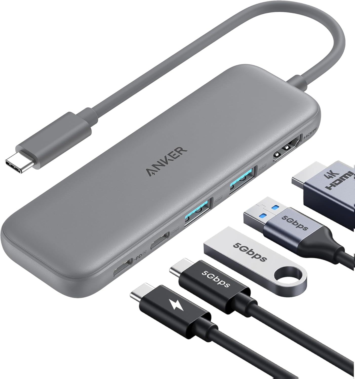 Detalle de Anker USB C Hub 5-in-1 (USB-C to HDMI) with 4K HDMI, 85W pass-through charging and 5Gbps data ports