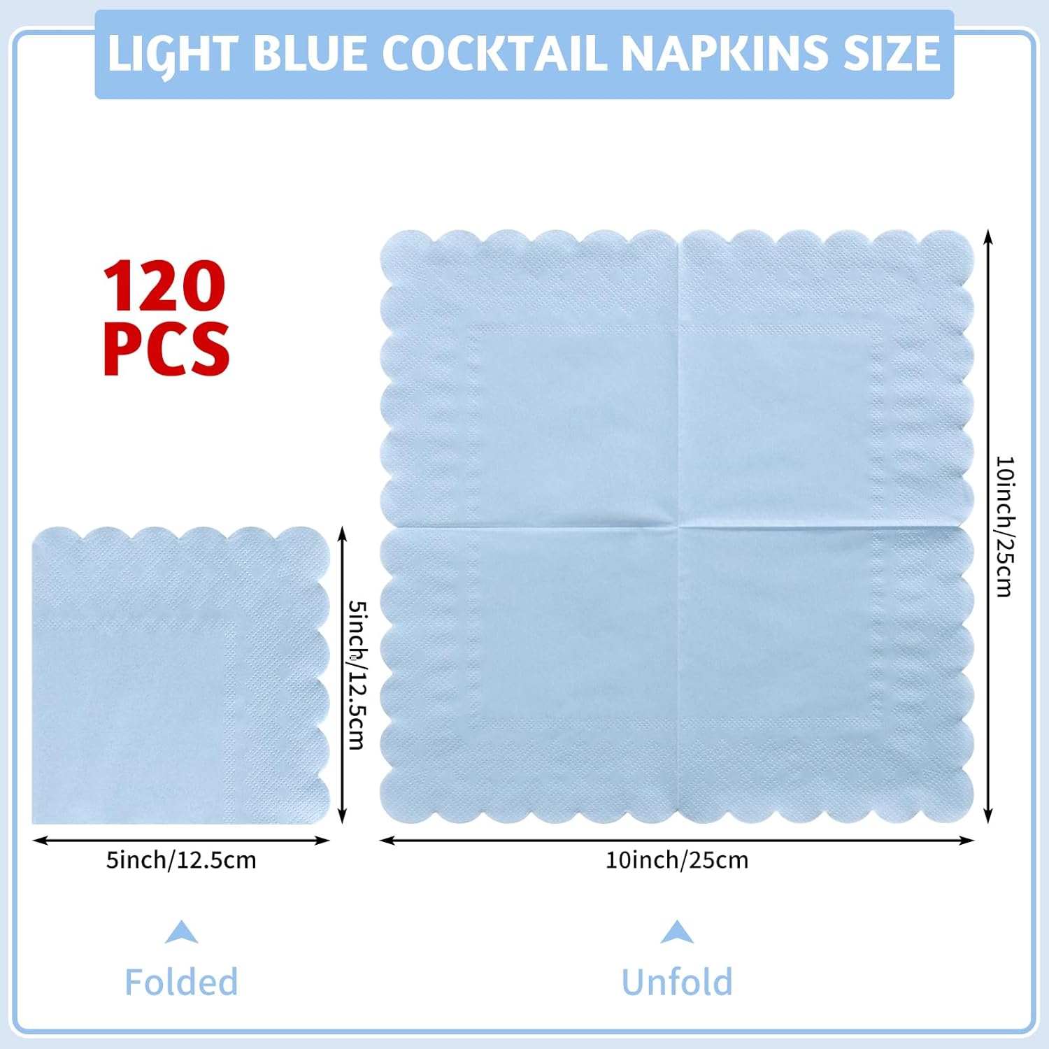 Thumbnail 1 de NatNarr 120-Piece Light Blue Scalloped Cocktail Napkins (5 x 5 Inch) for Baby Showers, Birthdays & Weddings