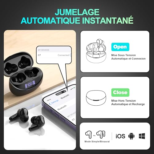 Detalle de Cervanta écouteurs Bluetooth 5.3 sans fil, écran LED, 35 h, USB-C