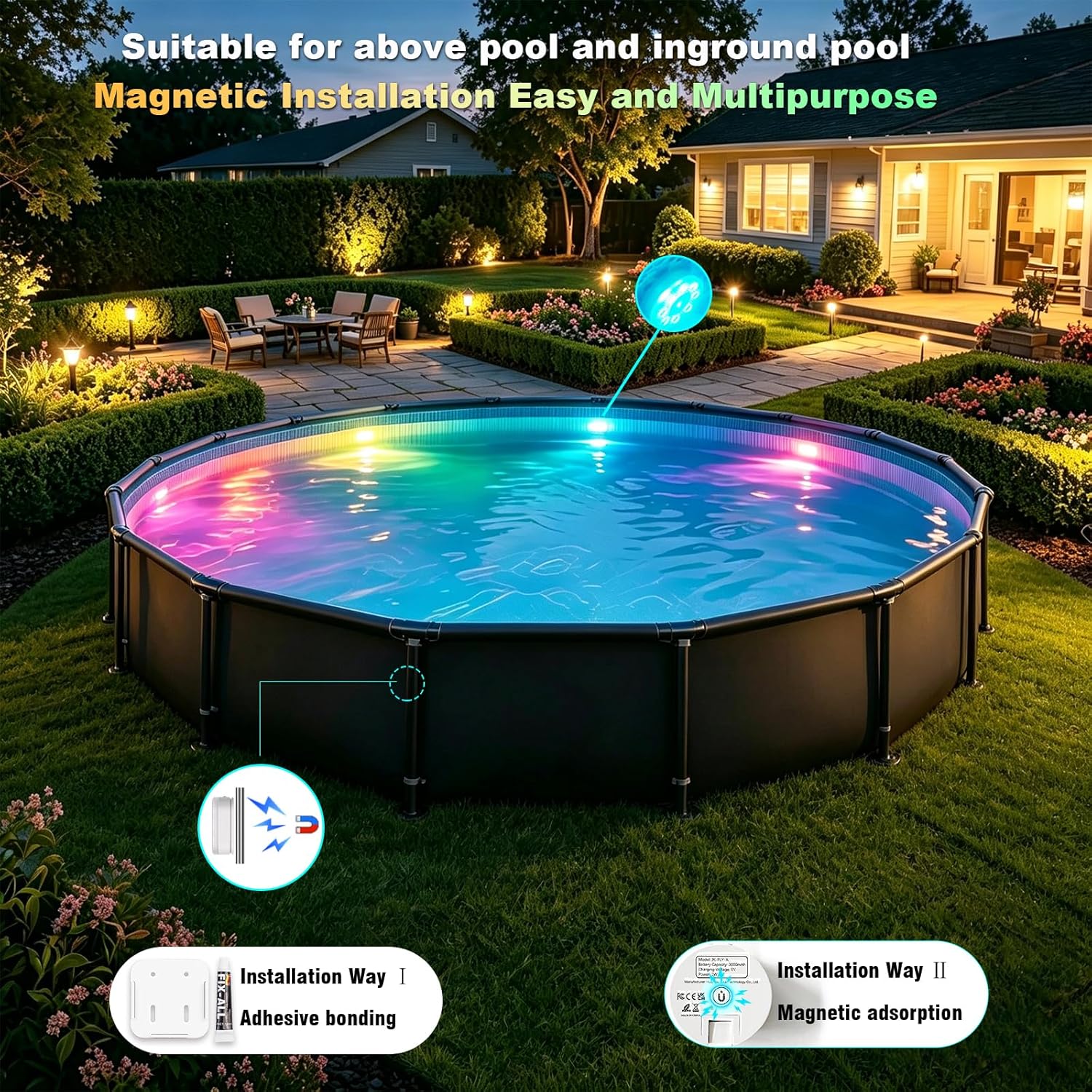 Thumbnail 1 de idyl light Unterwasser-Poolbeleuchtung, wiederaufladbar mit Fernbedienung (2 Stück, IP68)
