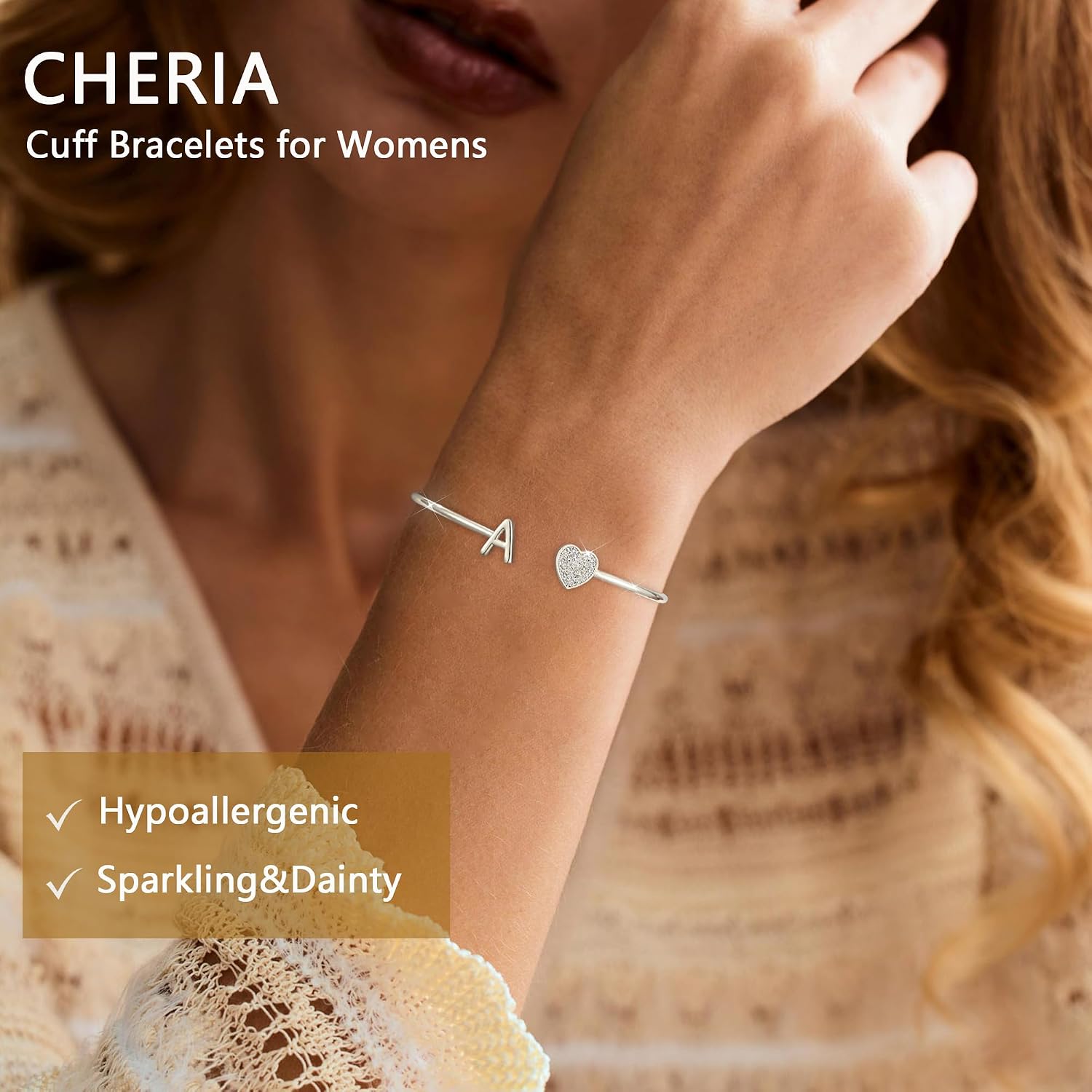 Thumbnail 3 de Cheria Sterling Silver Initial Bracelet for Women – Personalised Heart Accent, Adjustable Cuff