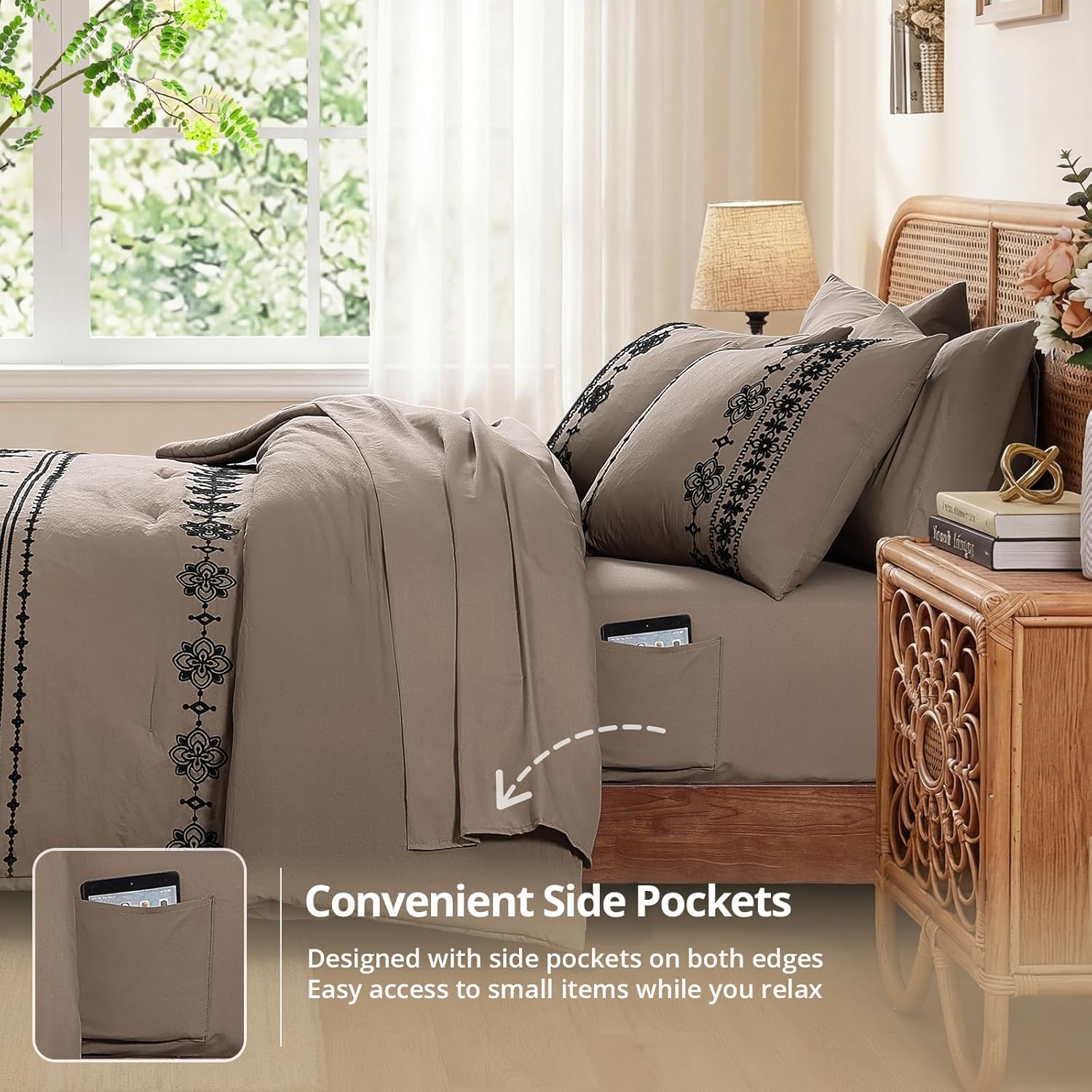 Thumbnail 4 de MaiRêve Queen Size Comforter Set Taupe Grey with Embroidered Boho Western Style