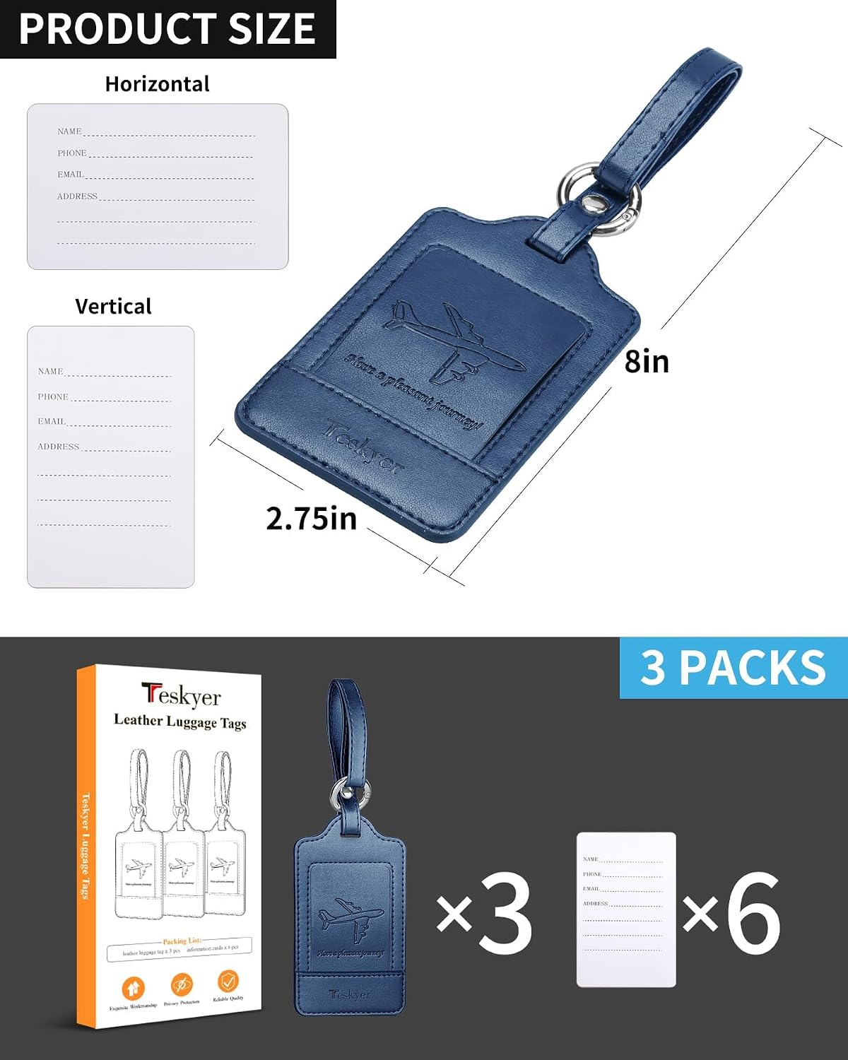 Detalle 2 de Teskyer 3 Pack PU Leather Luggage Tags with Name ID Card
