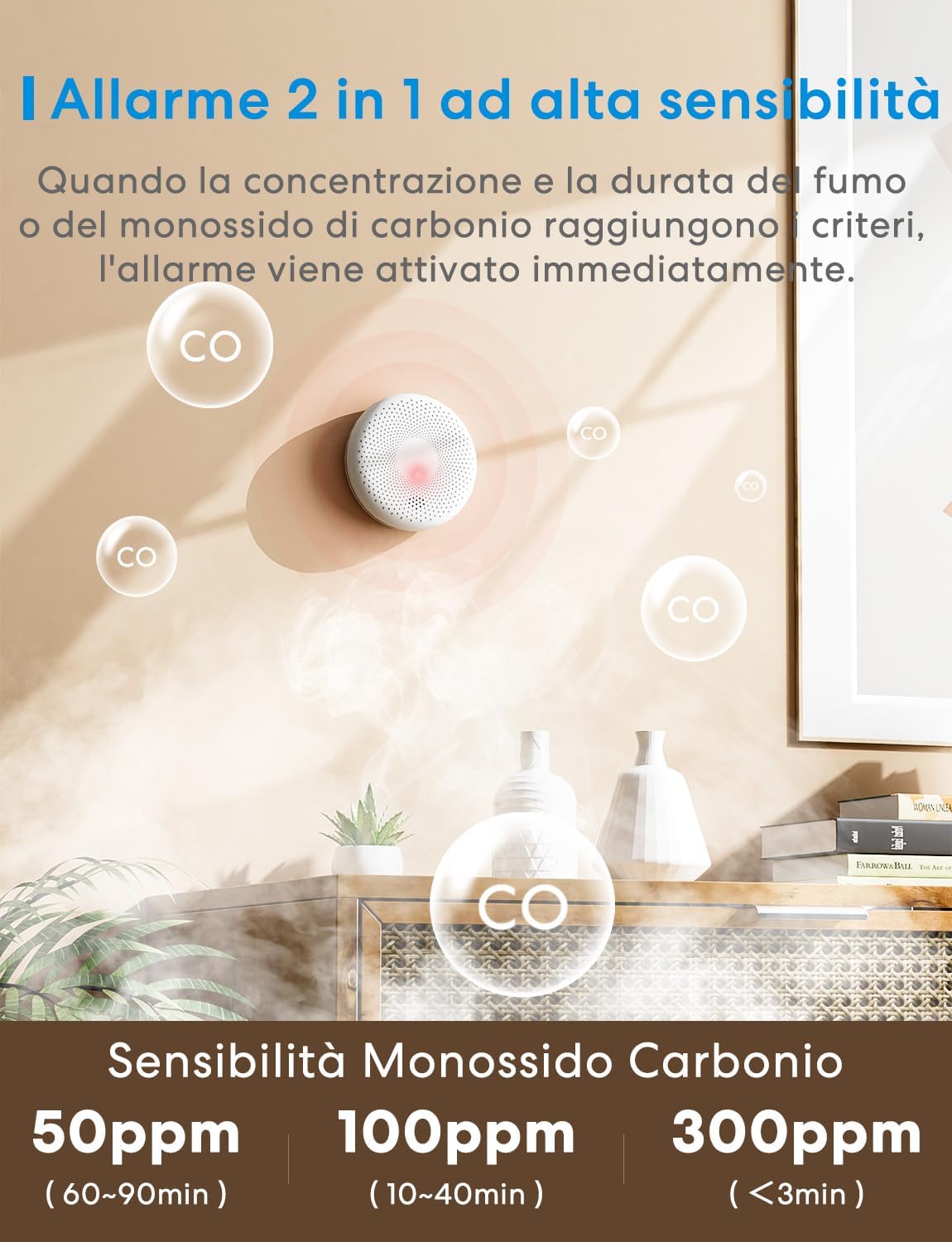 Detalle de Meross Rilevatore Monossido di Carbonio e Fumo 2 in 1 con Batteria da 10 Anni – EN14604 EN50291