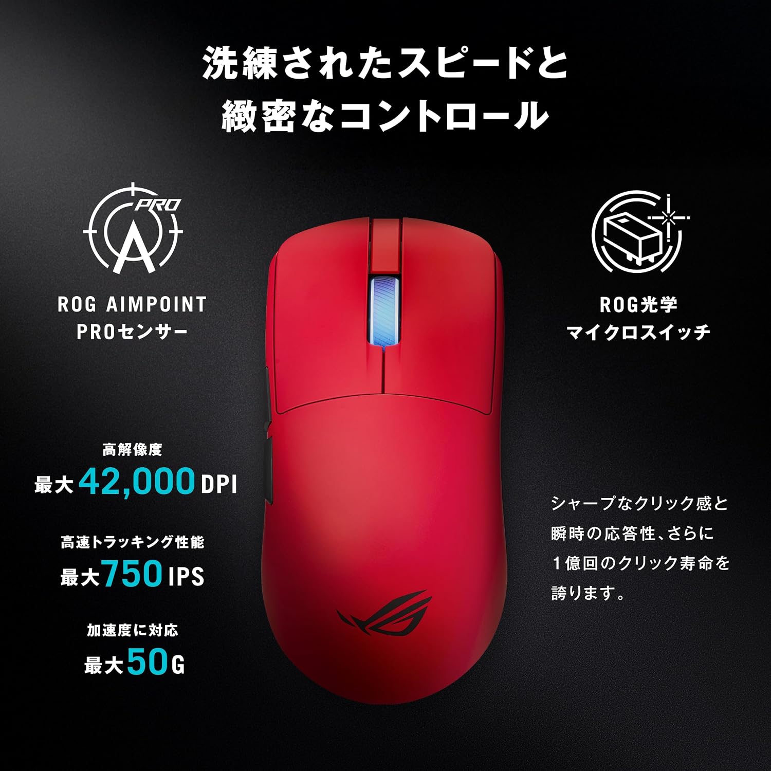 Detalle 2 de ASUS ROG Harpe II Ace RED ゲーミングマウス 48g軽量・最大42,000dpi・最大8,000Hz