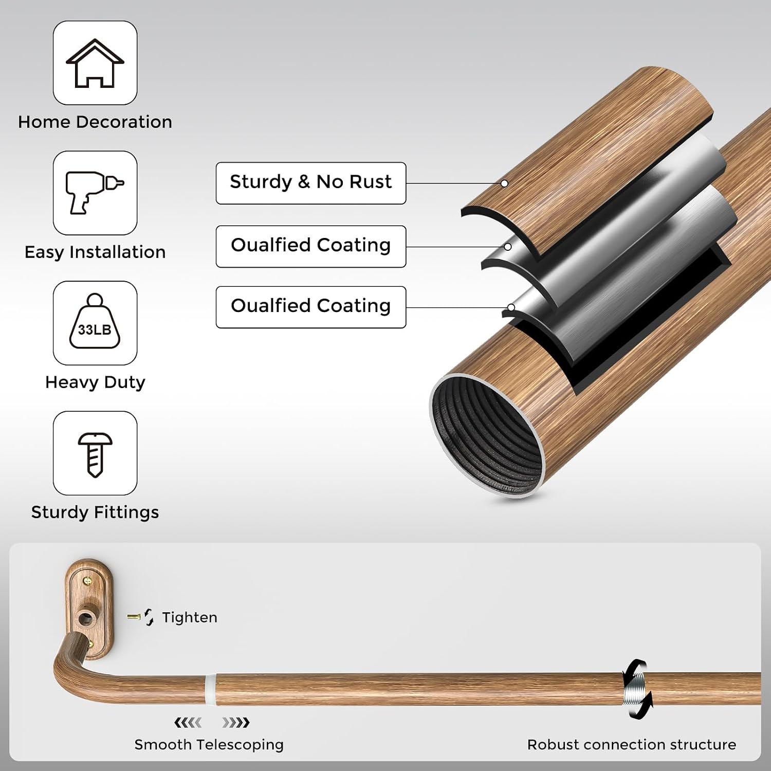Thumbnail 4 de JRZOO Wrap Around Curtain Rods Wood (48 to 84 in) — 1-inch Heavy-Duty Blackout Curved Drapery Pole, All-Metal