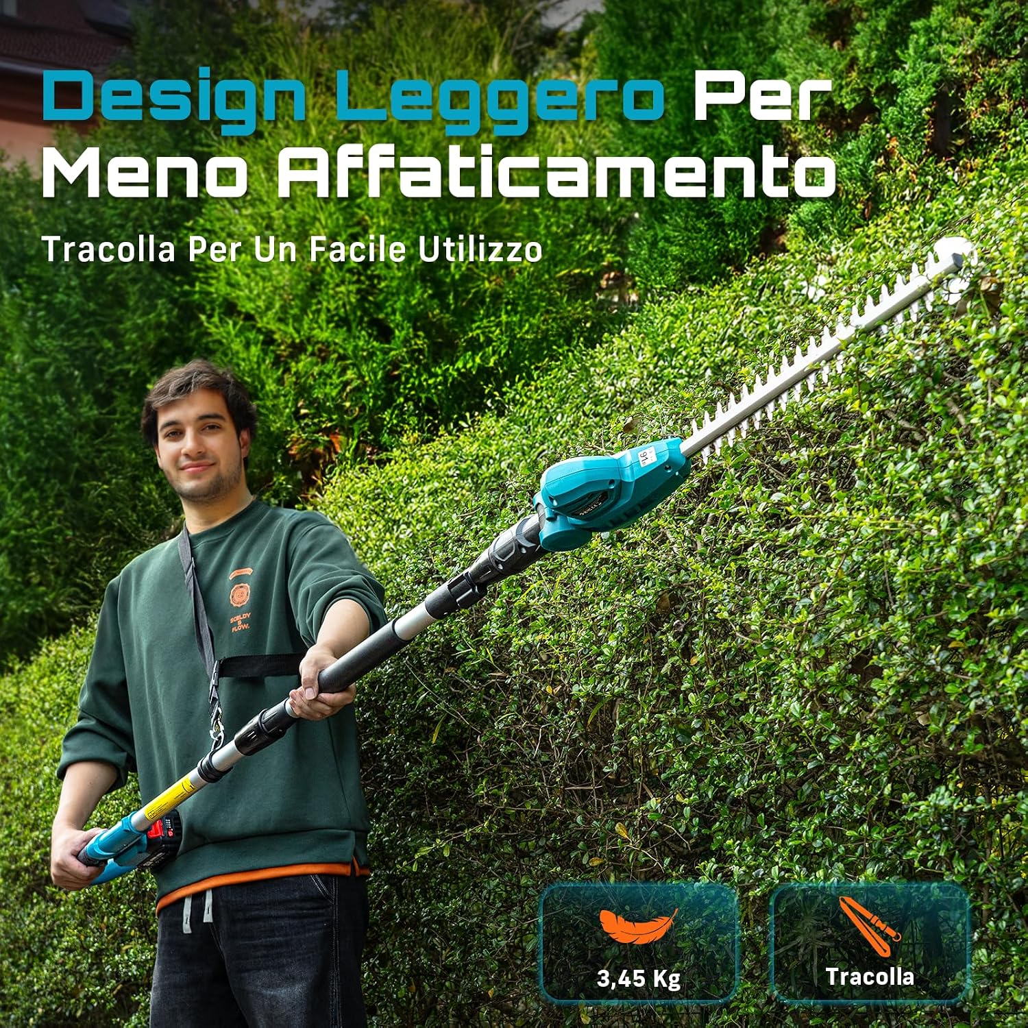 Detalle de SEESII Tagliasiepi Telescopico a Batteria 2,6 m – Lama Doppia 40 cm, 2×4,0Ah, Testa 135°