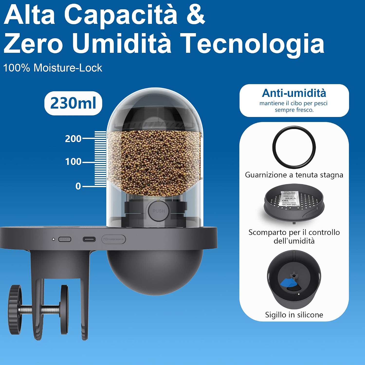 Detalle de YAMOSO Mangiatoia Pesci WiFi con Telecamera 2,5K HD — Sorveglianza 24/7, dosaggio 0,2 g e serbatoio 230 ml