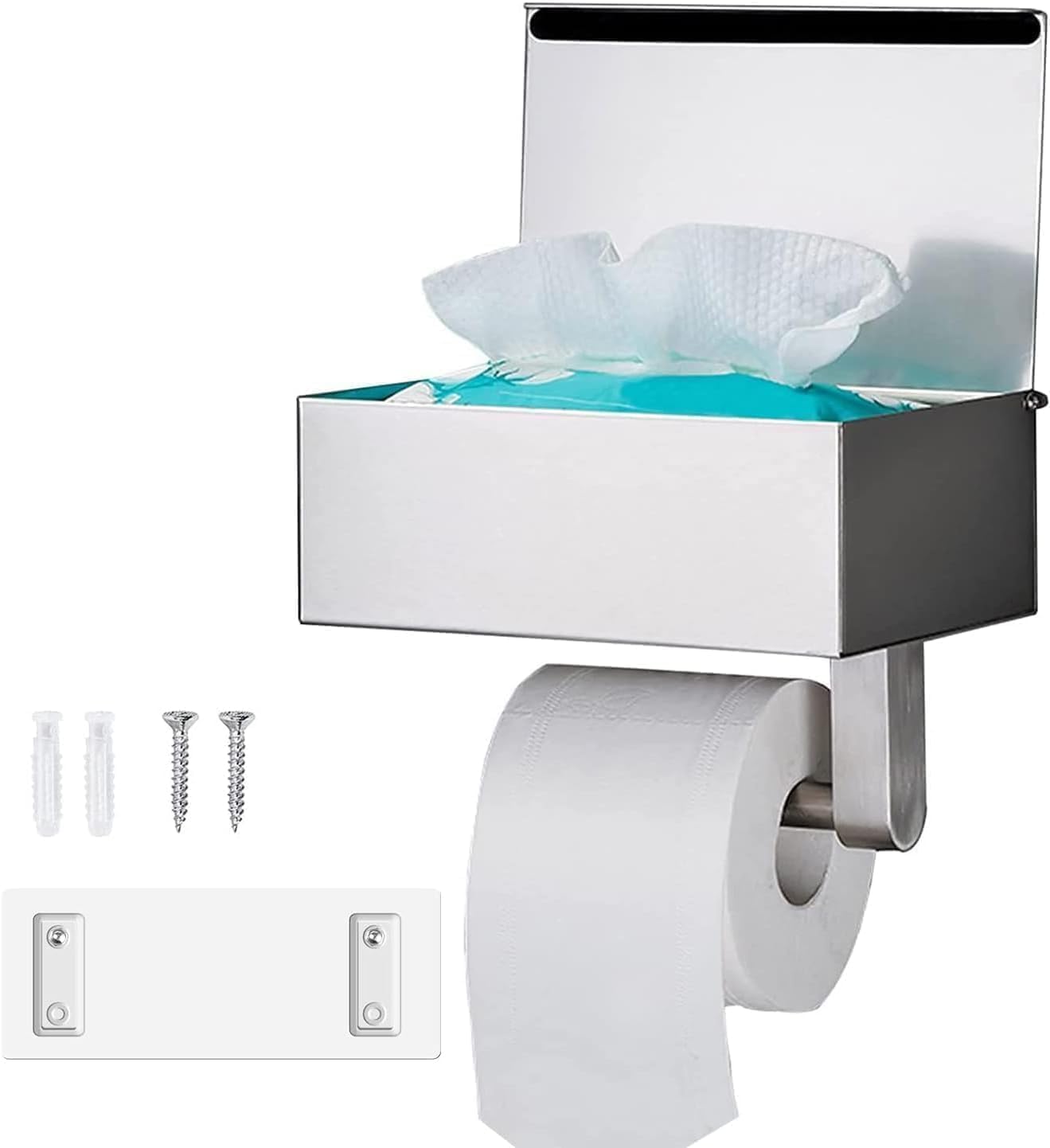 Detalle de GUIGUZI GGZ-SUS304-Y toiletrolhouder met vochtige doekjesbox, zilverkleurig