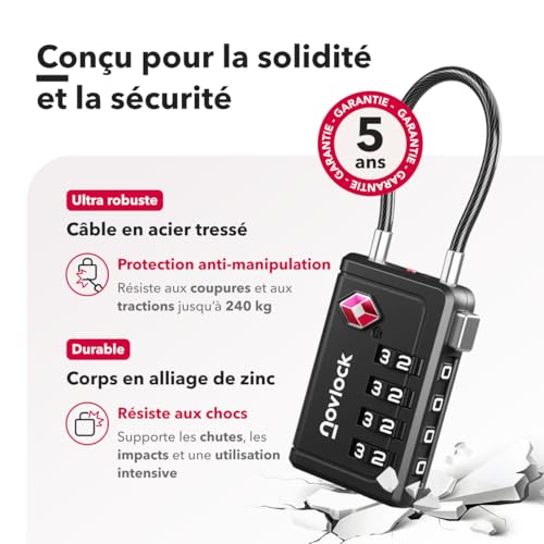 Detalle 2 de Cadenas TSA à 4 chiffres avec Indicateur d’ouverture – NovLock (Lot de 2, Noir) pour valise, bagage cabine et sac à dos