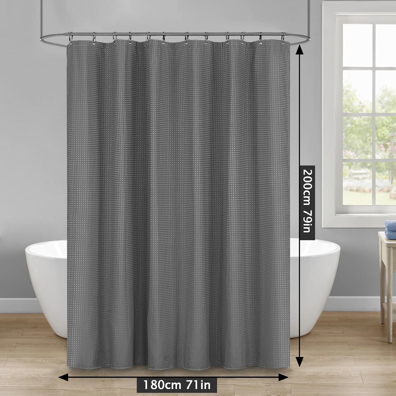 Thumbnail 4 de KAIMEIYU Rideau de Douche en Tissu Polyester Lavable en Machine, 180x200 cm – Motif Waffle Grisé avec 12 Crochets Métalliques