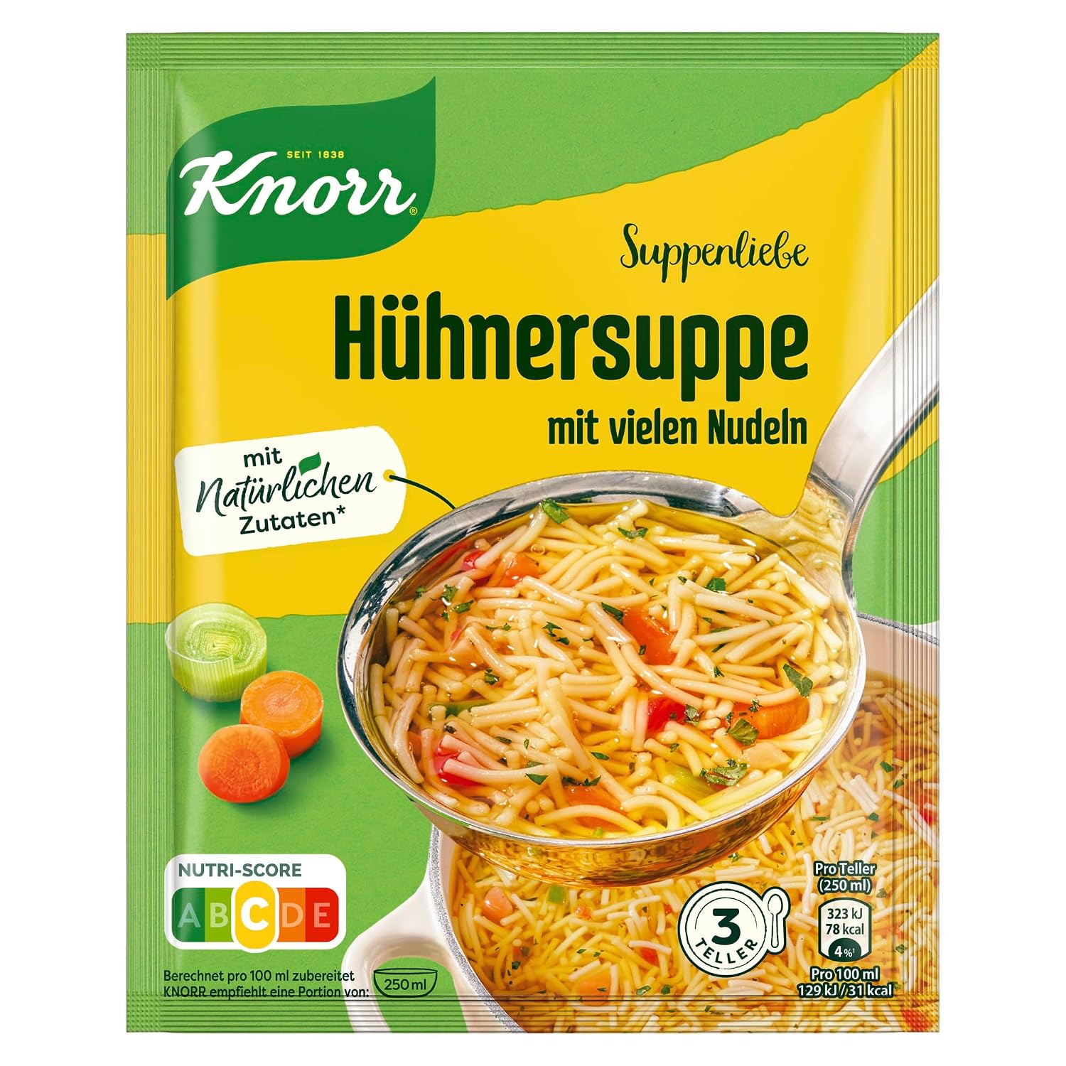 Detalle de Knorr Suppenliebe Hühnersuppe – Nudelsuppe mit vielen Nudeln, ohne Zusatzstoffe und Farbstoffe (750 ml, 3 Teller)