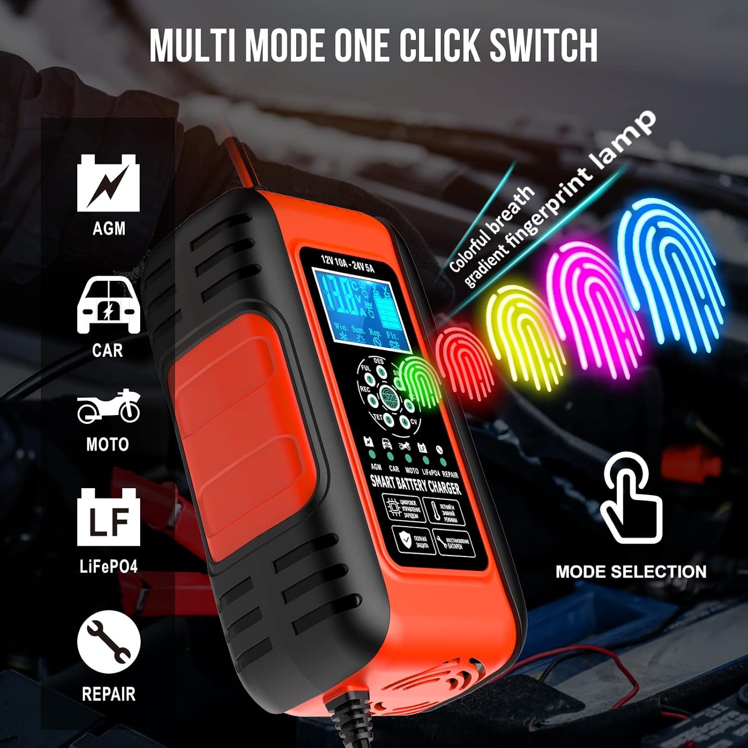 Detalle 2 de Husgw 10Amp Car Battery Charger 12V/24V (7-Stage) Smart Maintainer & Pulse Repair
