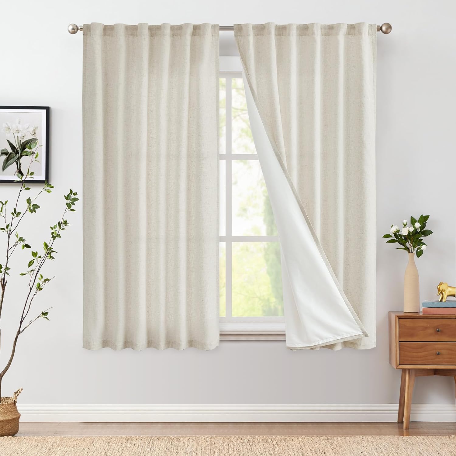 Thumbnail 1 de Vangao Rideaux Occultant Thermique en Lin Doublé – Salon Beige Naturel, Lot de 2 130 x 175 cm (Passe Tringle, Oeillets, Double Rideaux), Anti-Froid