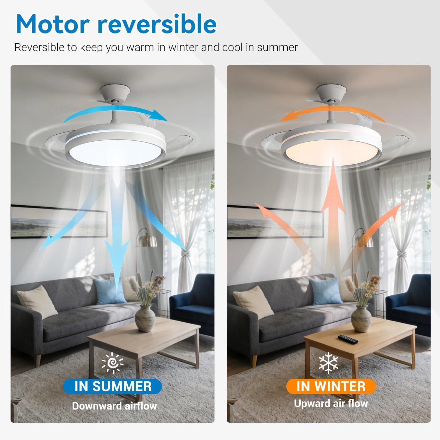 Thumbnail 6 de EXTRASTAR 106 cm Ventilatore da Soffitto con Luce e Pale Retrattili: Silenzioso, 6 Velocità, Telecomando e Motore DC