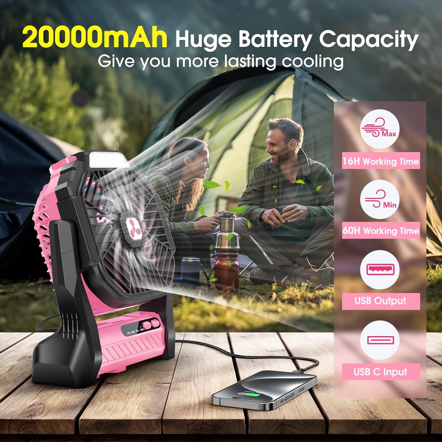 Detalle 2 de Peouix Portable Rechargeable Fan with 20000mAh Battery and LED Lantern