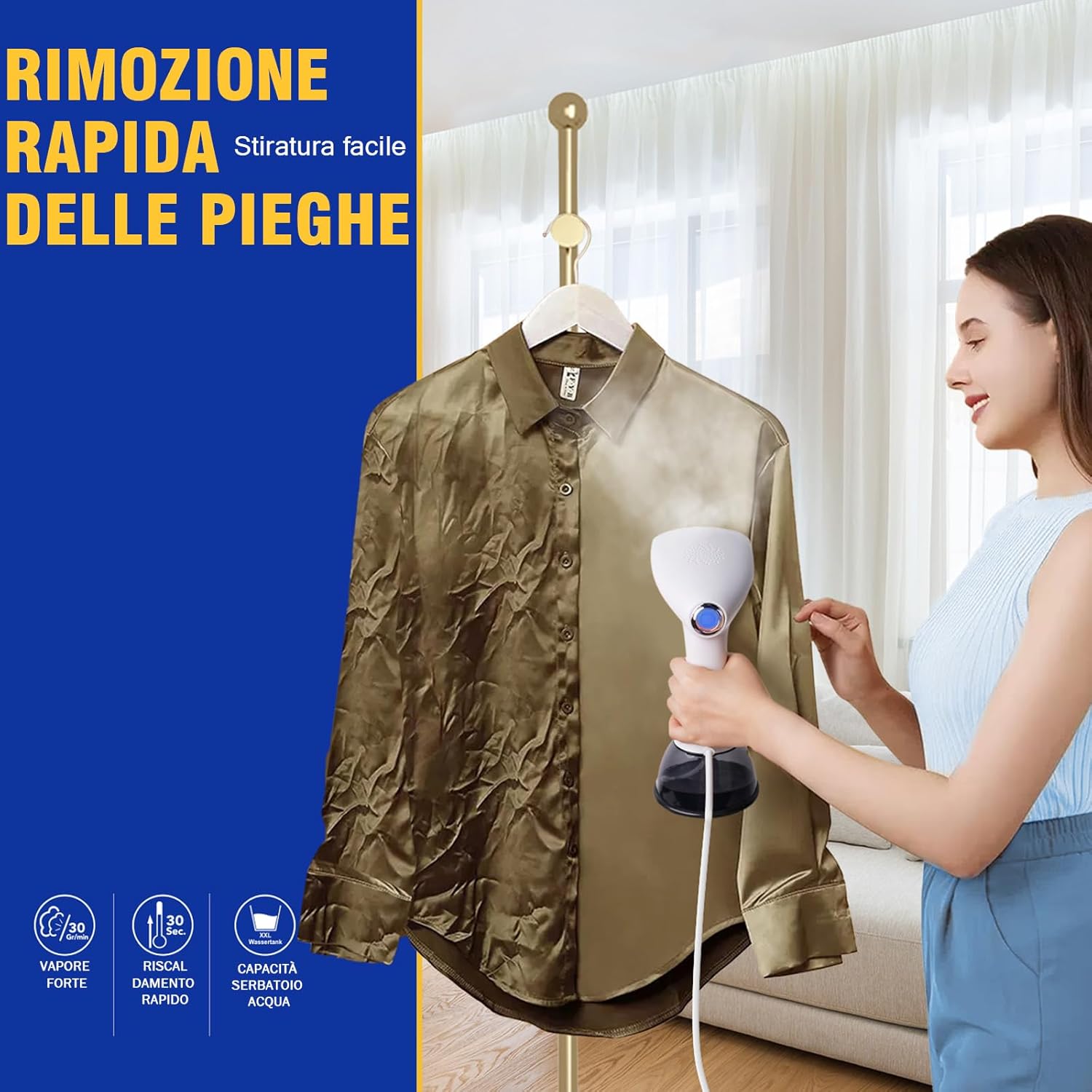 Detalle 2 de Rolipo Ferro Stiratore Verticale per Abiti – Stiratore a Vapore Portatile da 30 g/min e serbatoio 400 ml
