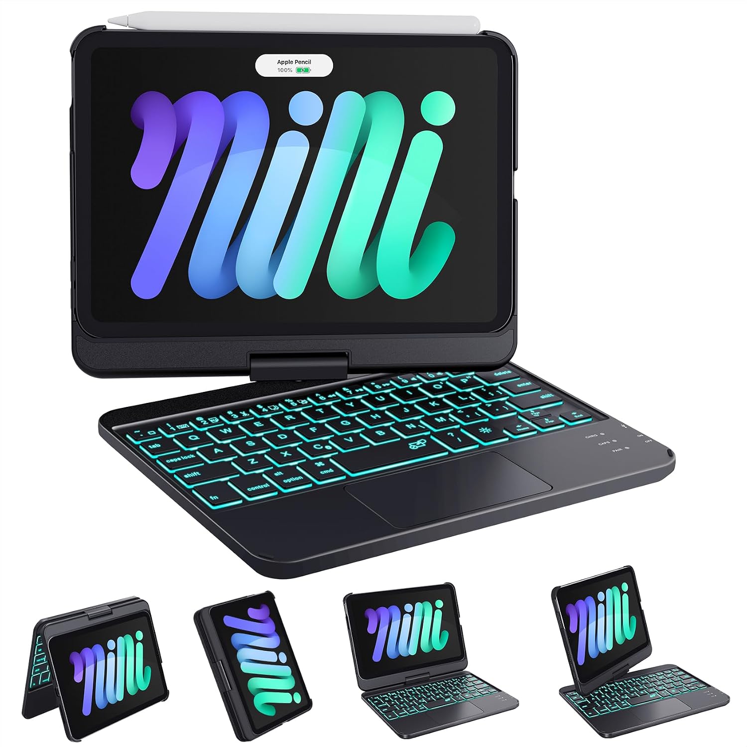 Detalle de GreenLaw Keyboard Case for iPad mini 7 (A17 Pro, 2024) & iPad mini 6 (2021) with 360° Rotate Trackpad Keyboard, 7-Color Backlit (Black)