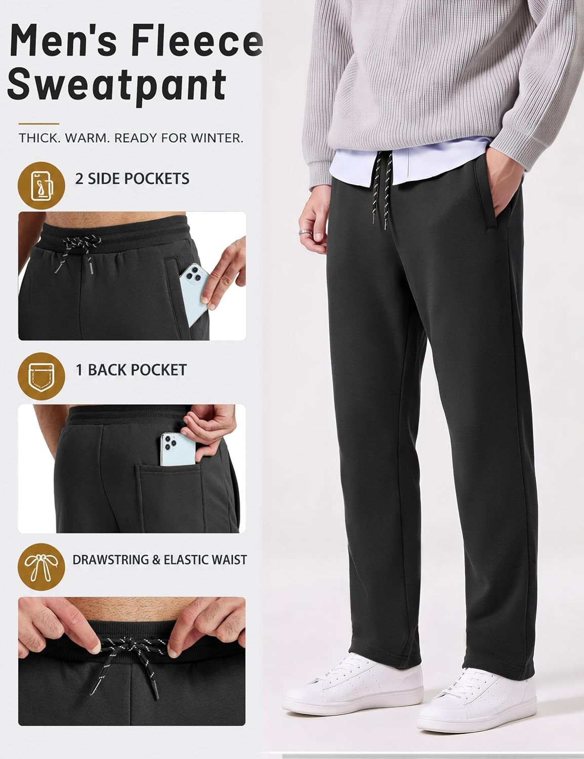 Detalle 1 de TACVASEN Men's Sherpa-Lined Sweatpants with Drawstring, Open Bottom
