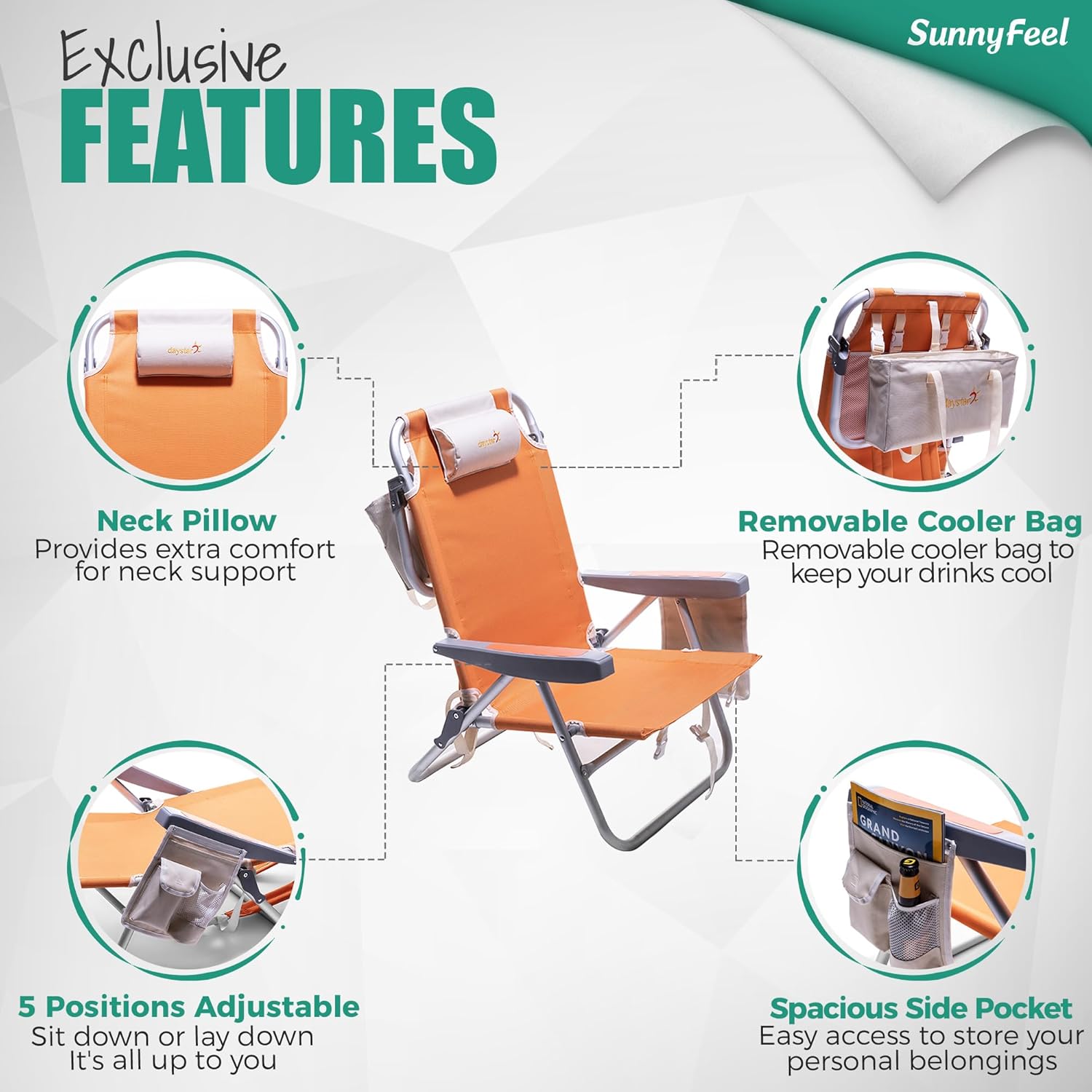 Thumbnail 5 de SUNNYFEEL Low Beach Chair 2 Pack: 5-Position Lay Flat, Portable Folding Chairs with Cooler Bag